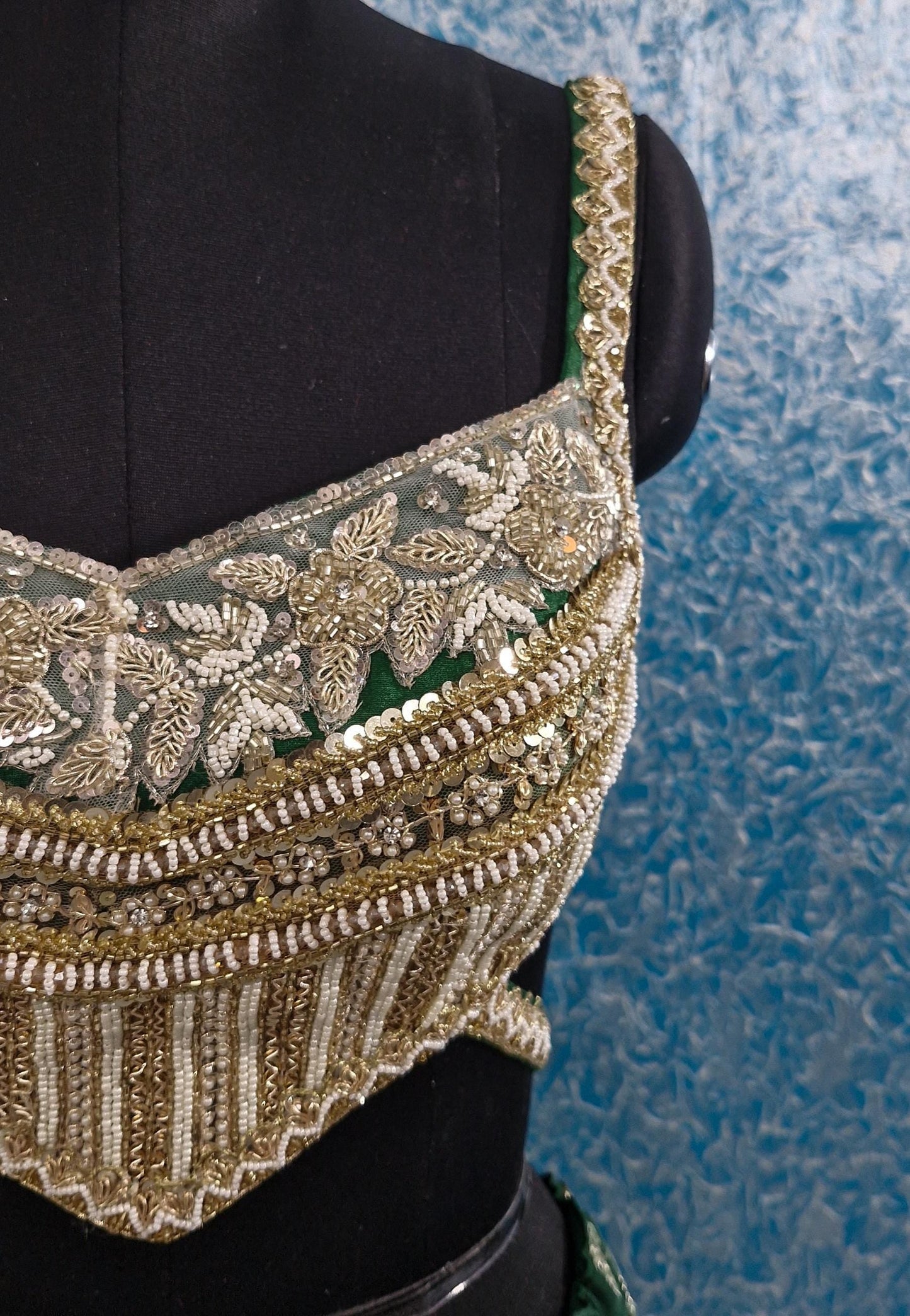 Hand Embroidered Green Raw Silk Backless Blouse DVBL_433