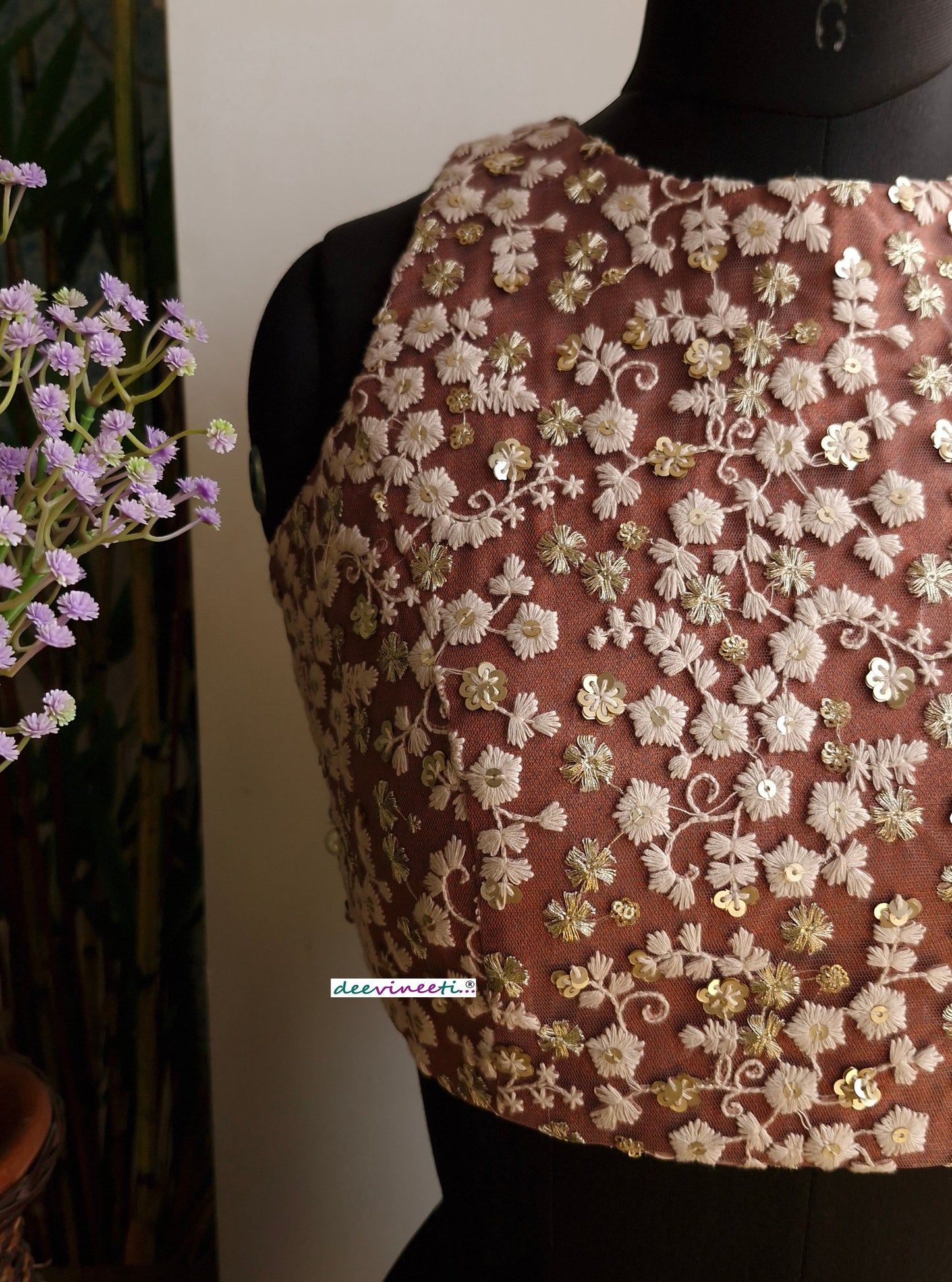 Mauve Brown Embroidered Jewel Neck Backless Blouse DVBL_335