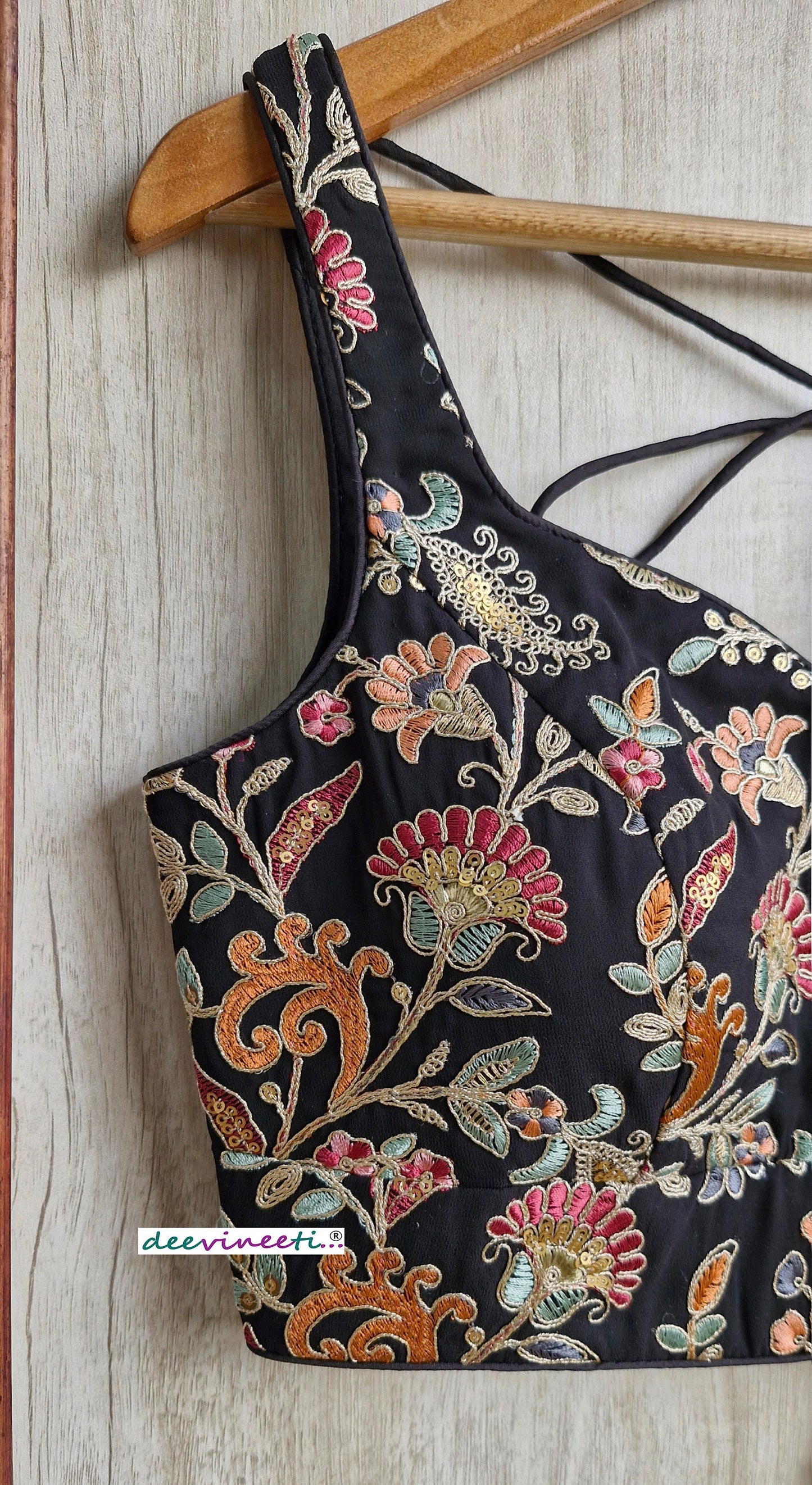 Black Embroidered Sweetheart Neck Blouse DVBL_314