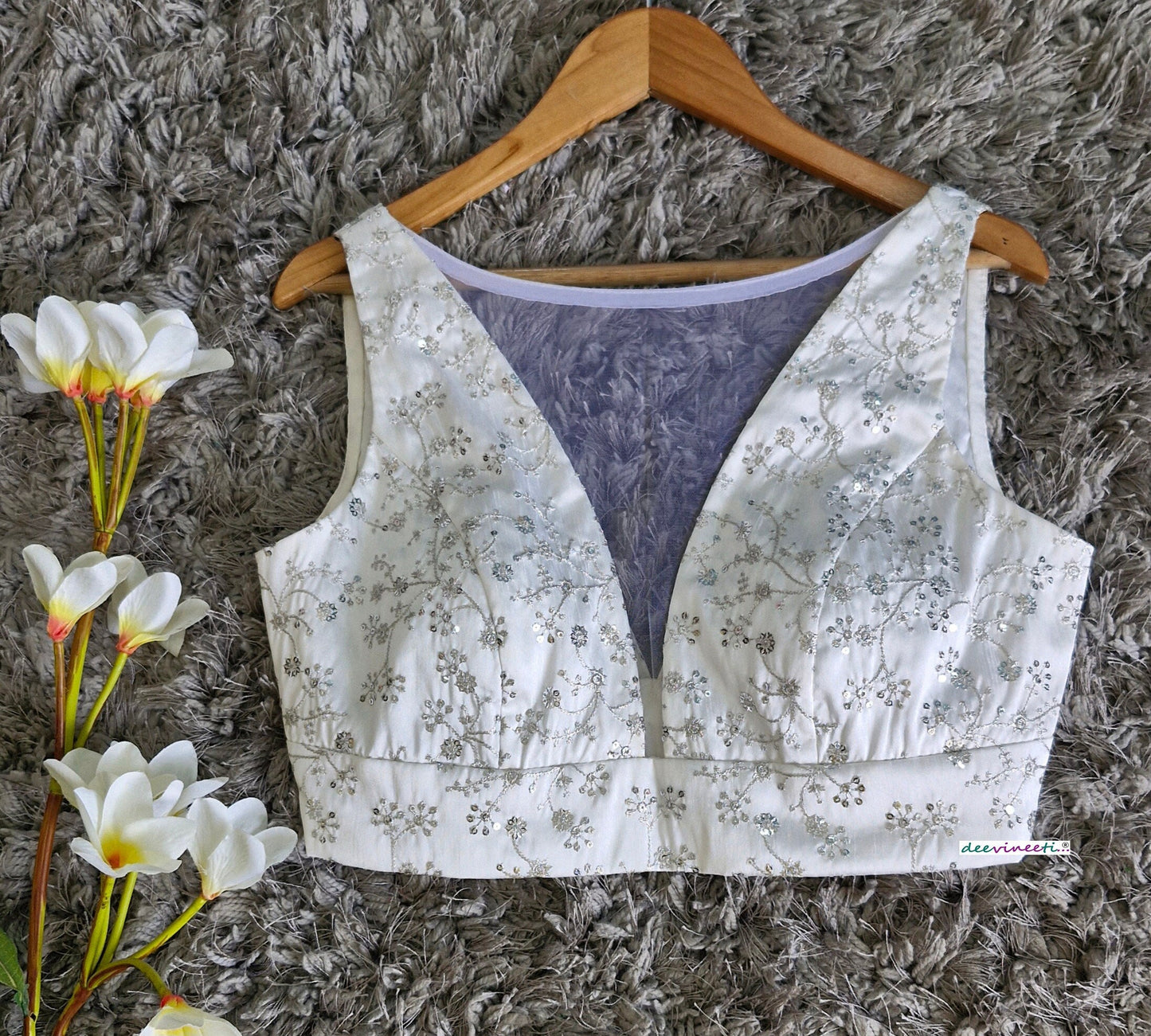 White Embroidered Silk Boat Neck Blouse DVBL_344