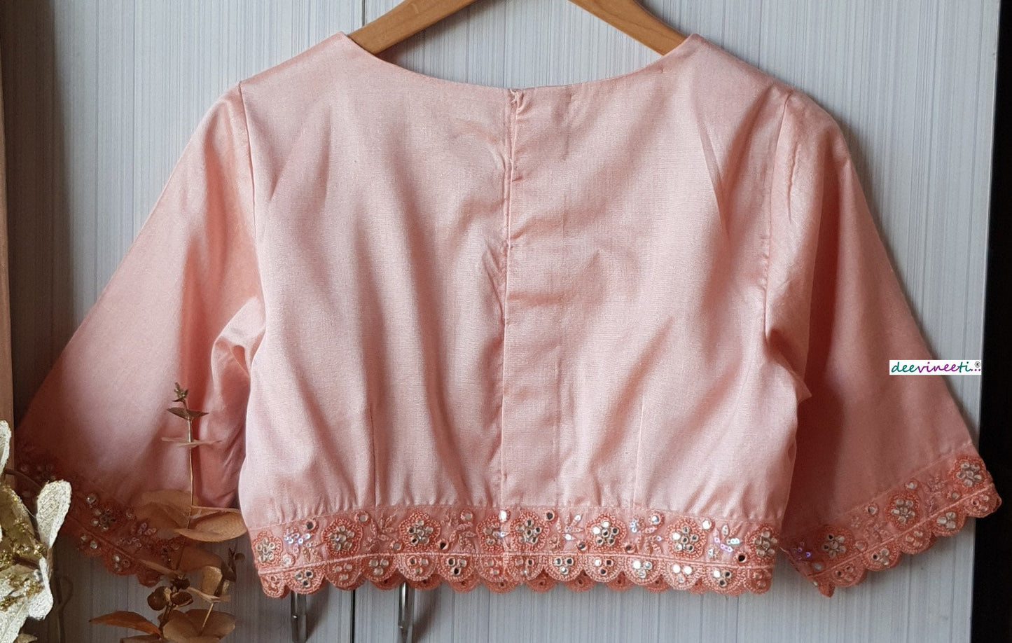 Peach Cotton Silk Jewel Neck Blouse DVBL_174