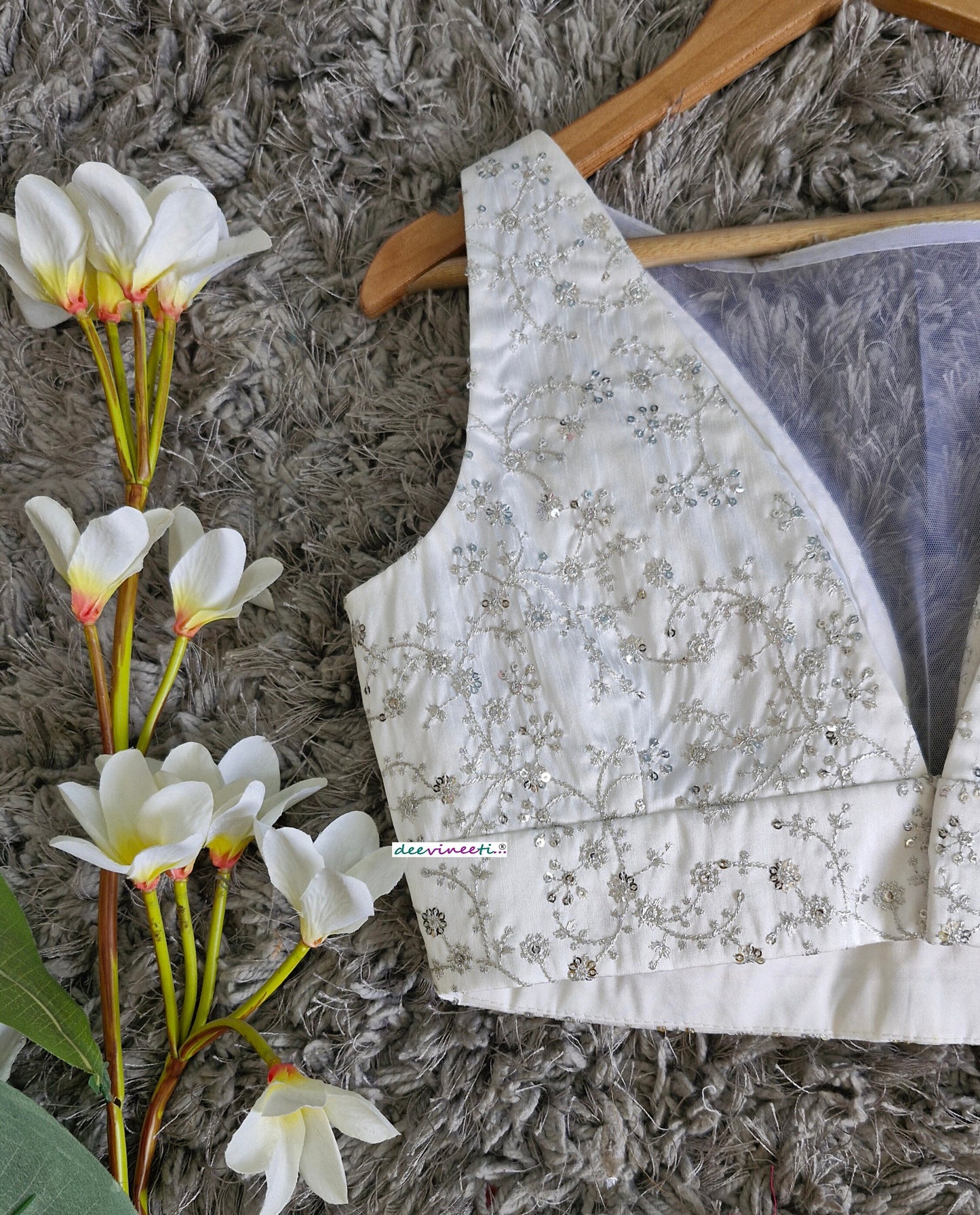 White Embroidered Silk Boat Neck Blouse DVBL_344