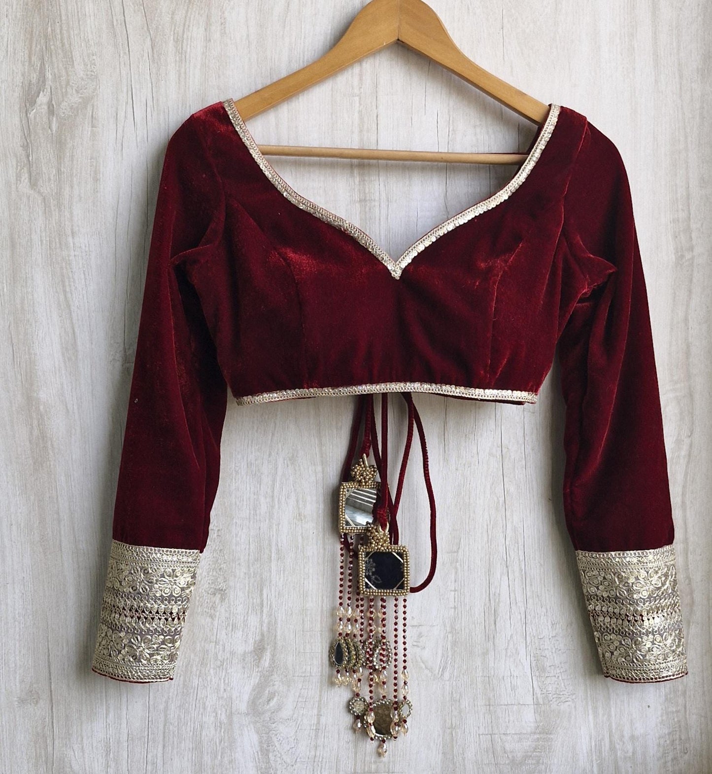 Deep Burgundy Velvet Deep Sweetheart Neck Full Sleeves Blouse DVBL_410