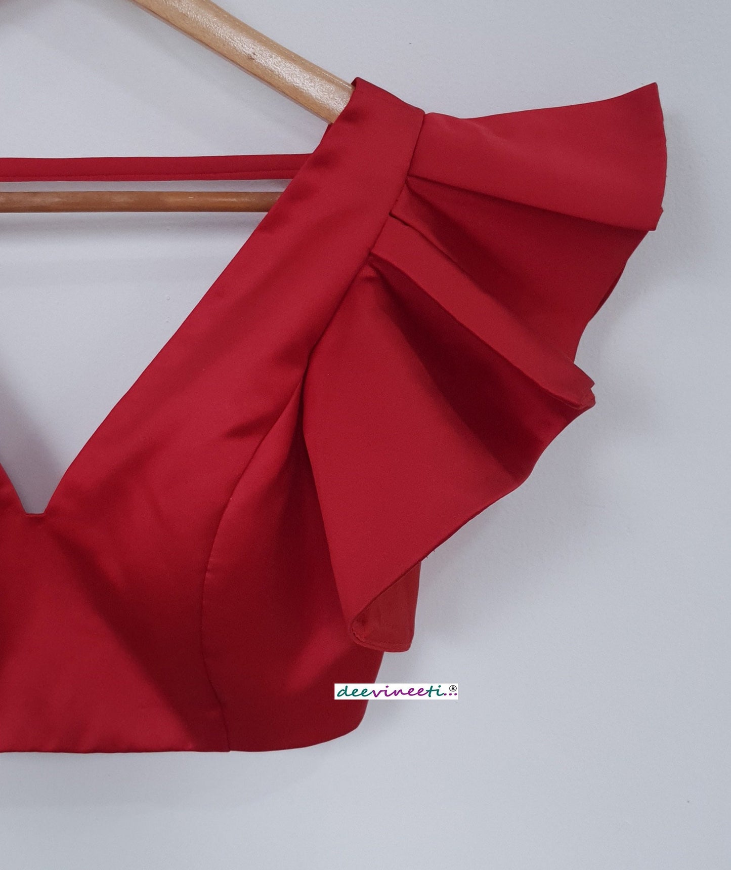 Red Satin Deep V Neck Ruffled Sleeves Blouse DVBL_265