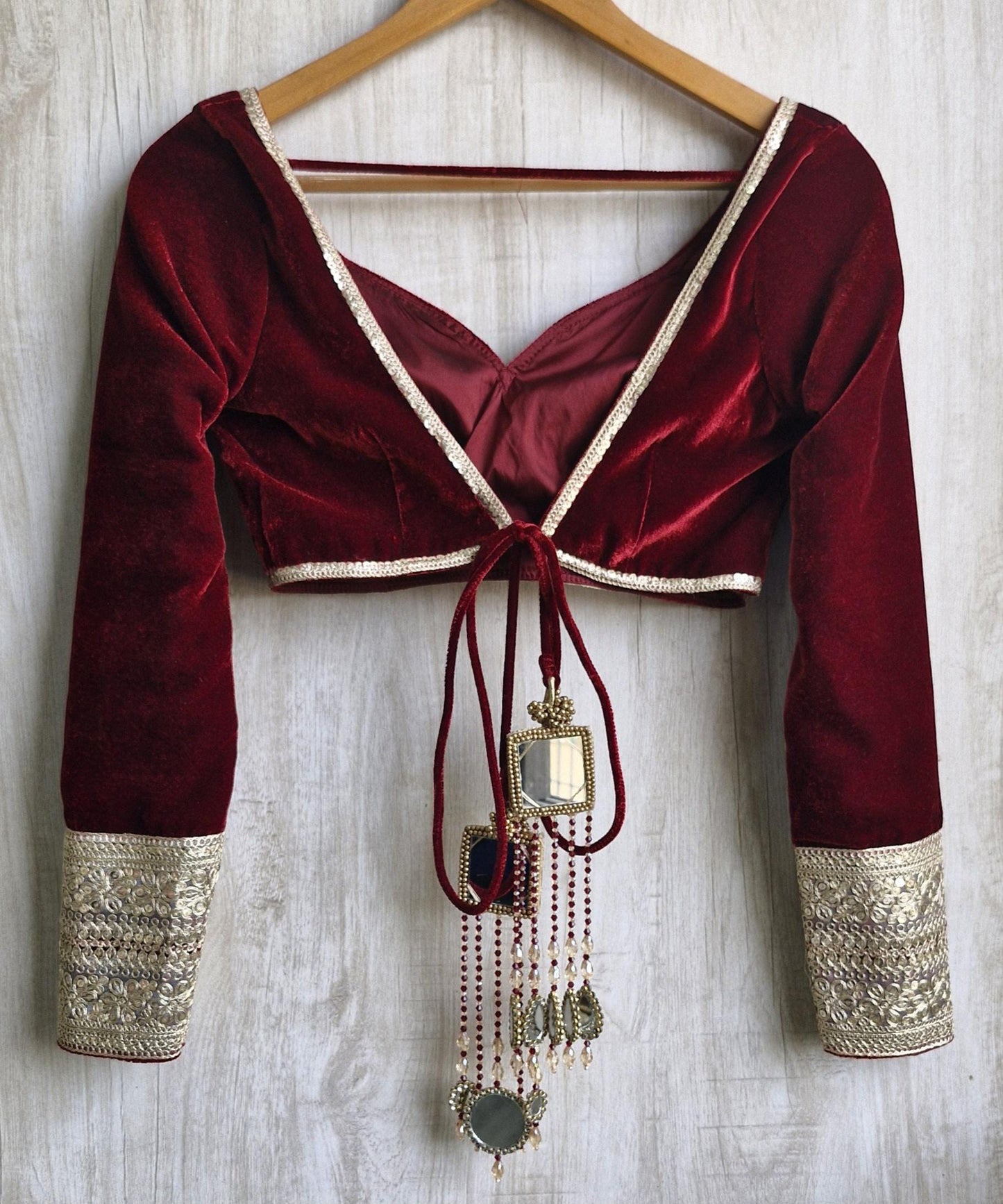 Deep Burgundy Velvet Deep Sweetheart Neck Full Sleeves Blouse DVBL_410