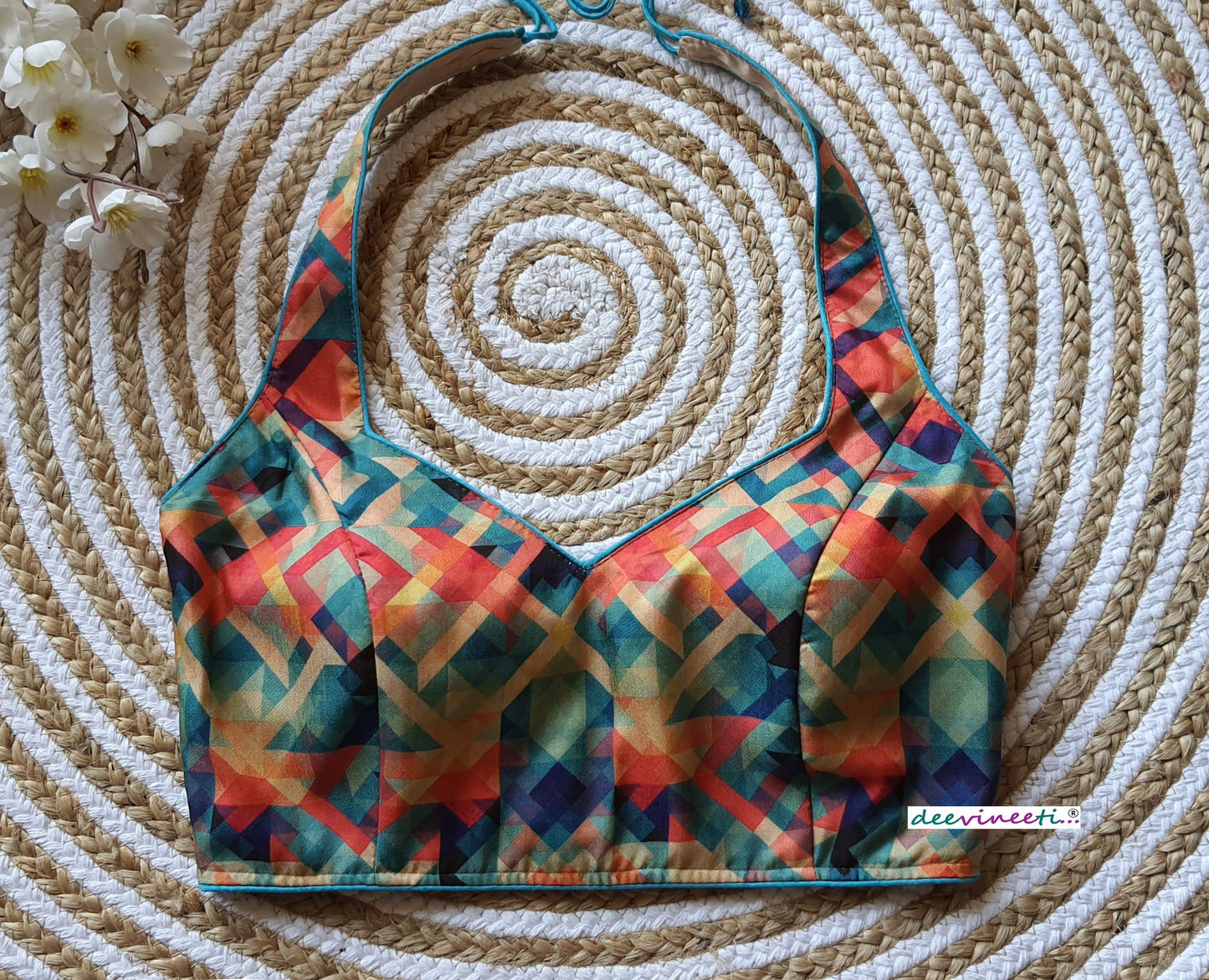 Multicolor Printed Khadi Silk Halter Neck Blouse DVBL_074