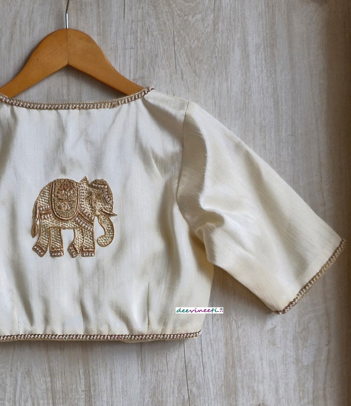 Cream Raw Silk Blouse with Applique Embroidery DVBL_322