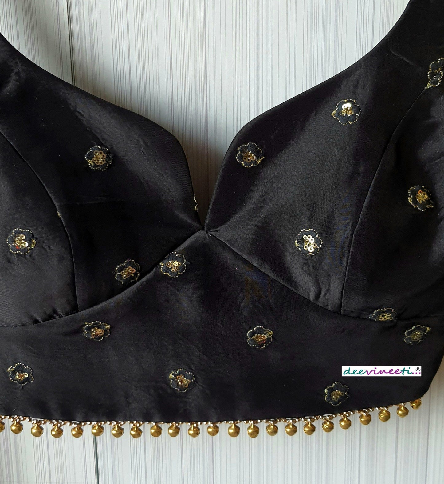 Black Silk Embroidered Sweetheart Neck Blouse DVBL_091