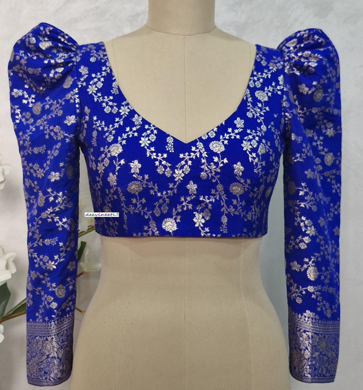 Royal Blue Banarasi Brocade Blouse Full Length Puff Sleeves V Neck DVBL_397