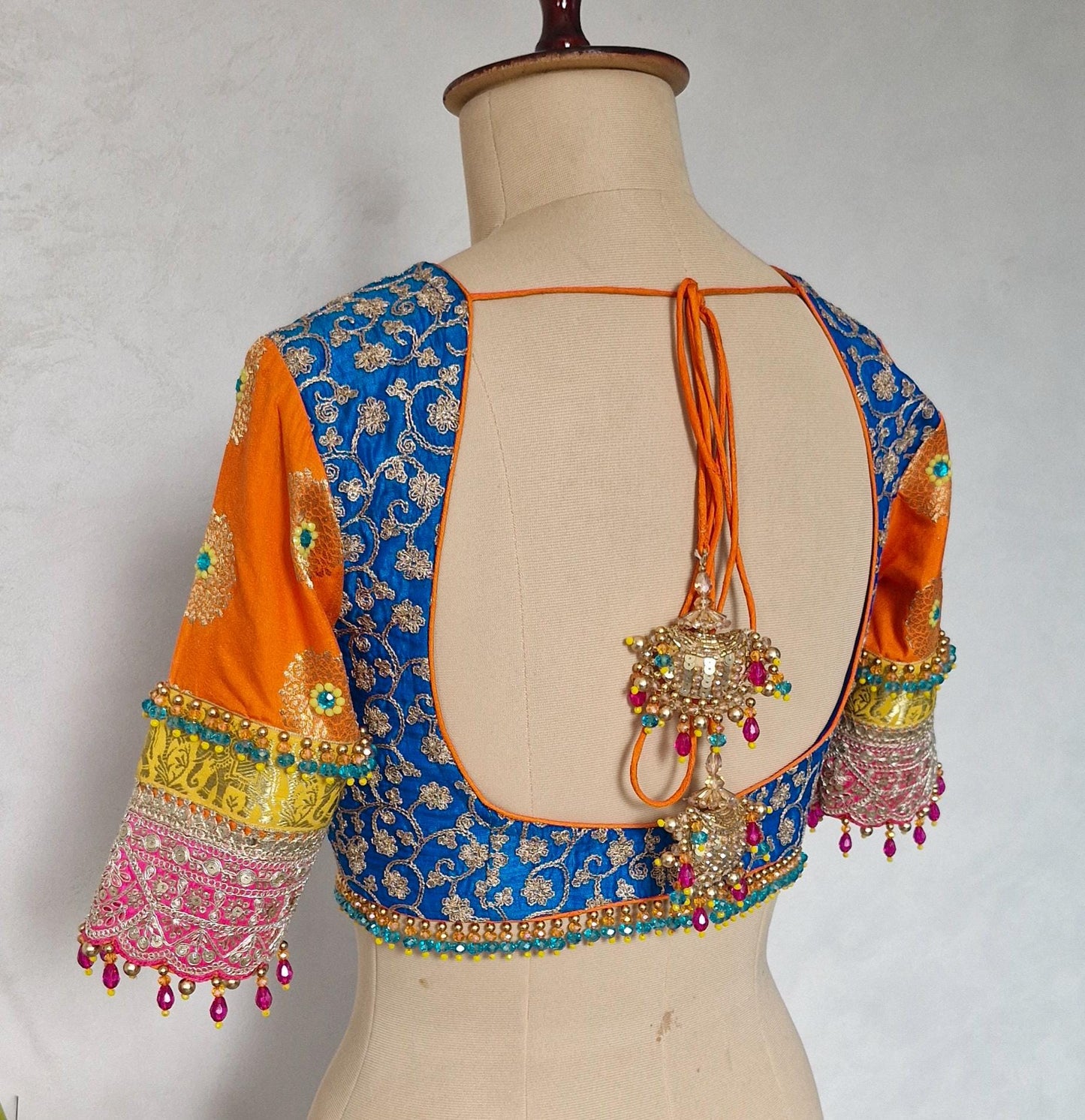 Blue and Orange Embroidered Silk Blouse DVBL_456