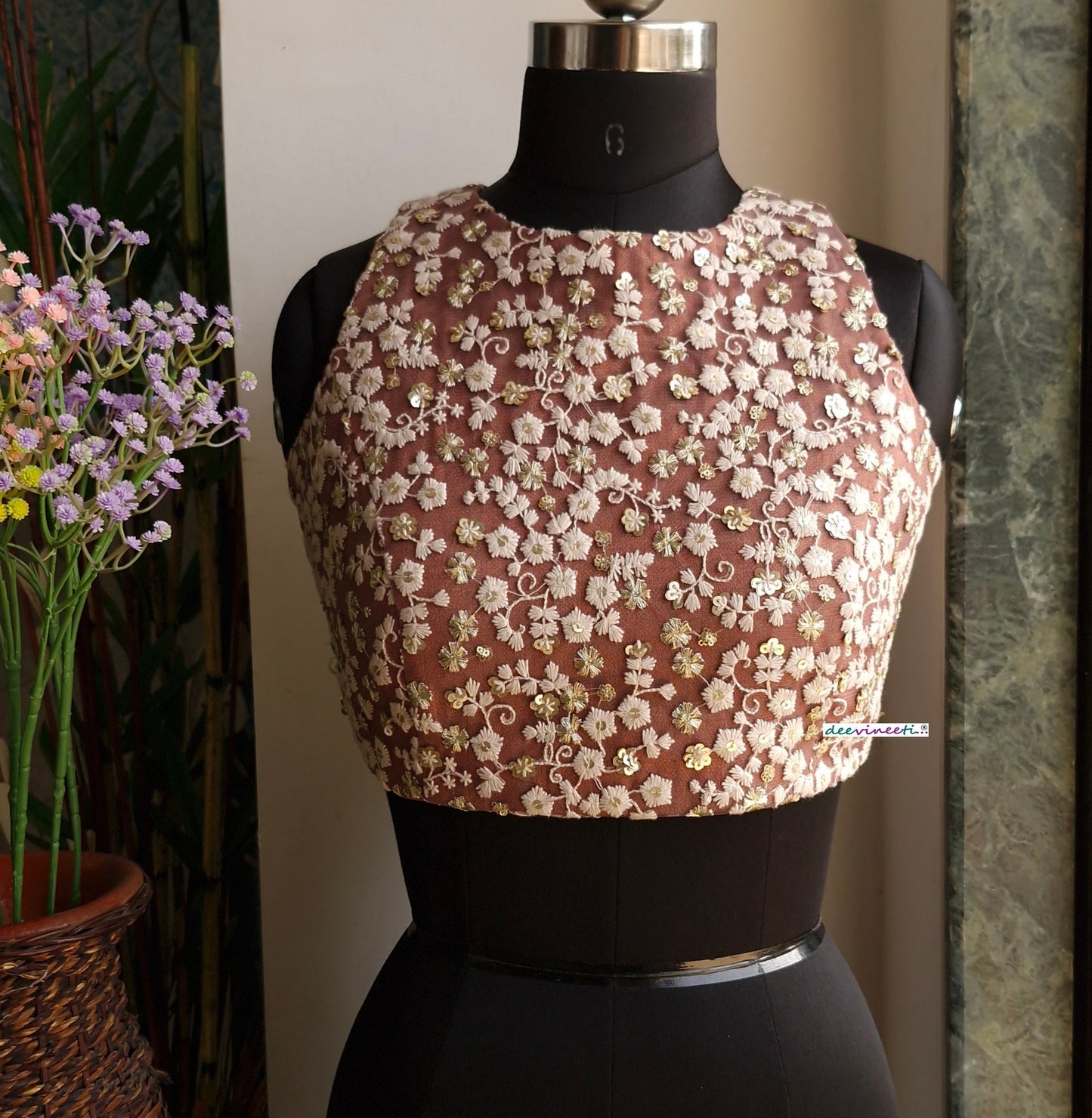 Mauve Brown Embroidered Jewel Neck Backless Blouse DVBL_335