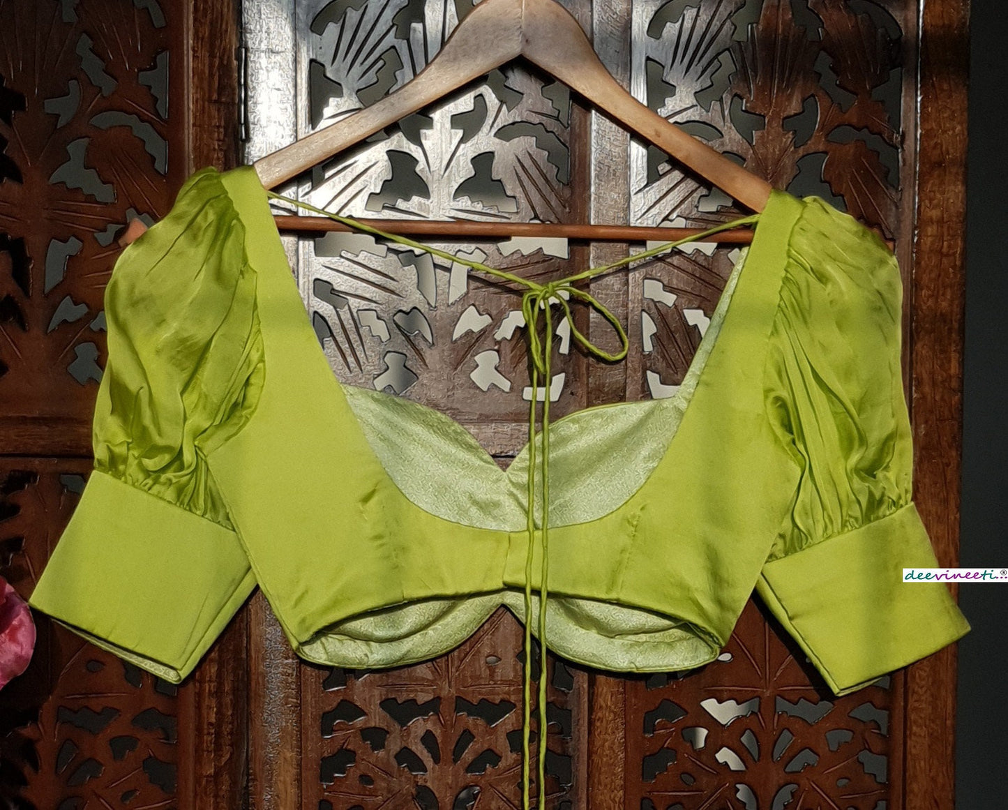 Lime Green Satin Organza Puff Sleeves Blouse DVBL_266