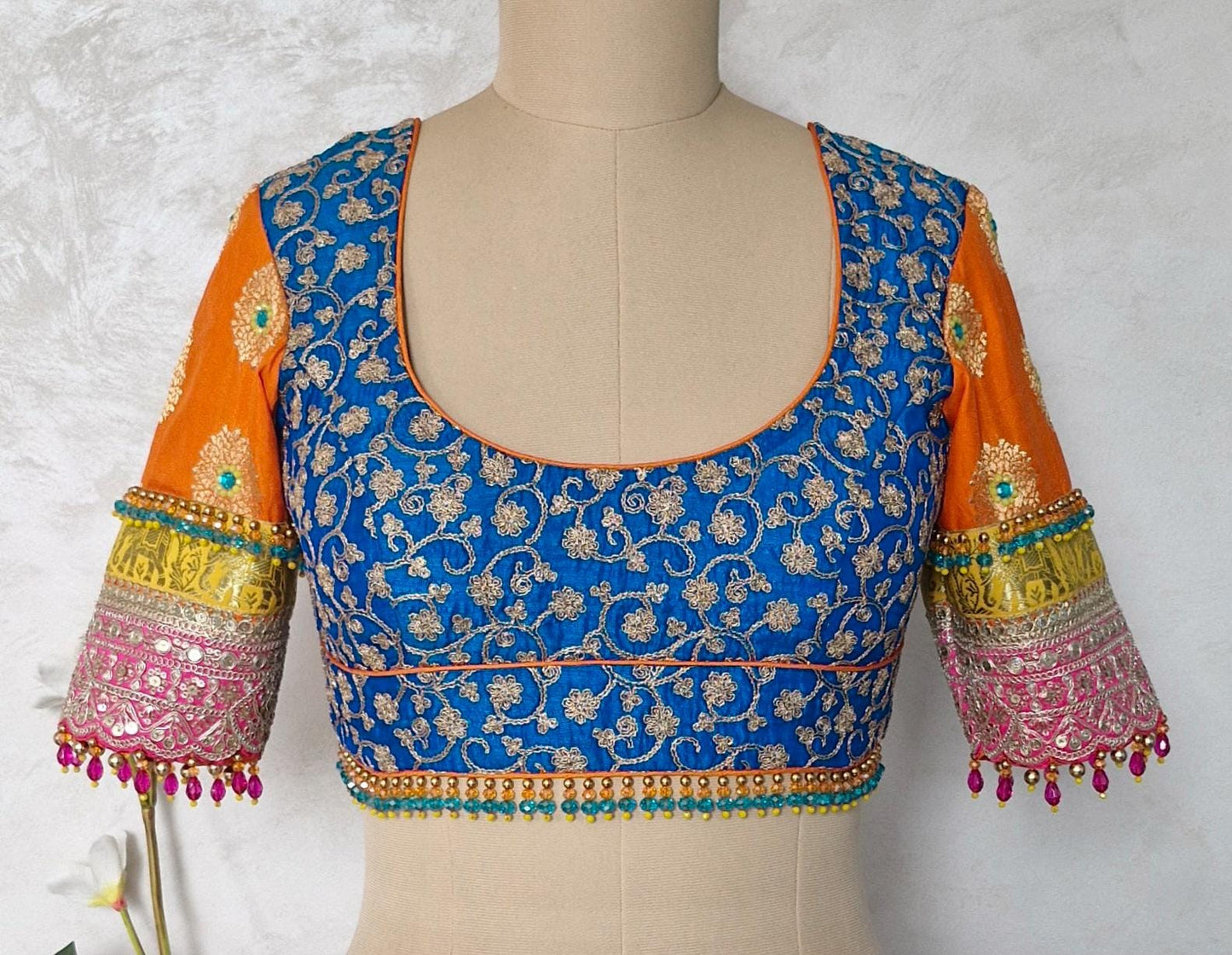 Blue and Orange Embroidered Silk Blouse DVBL_456