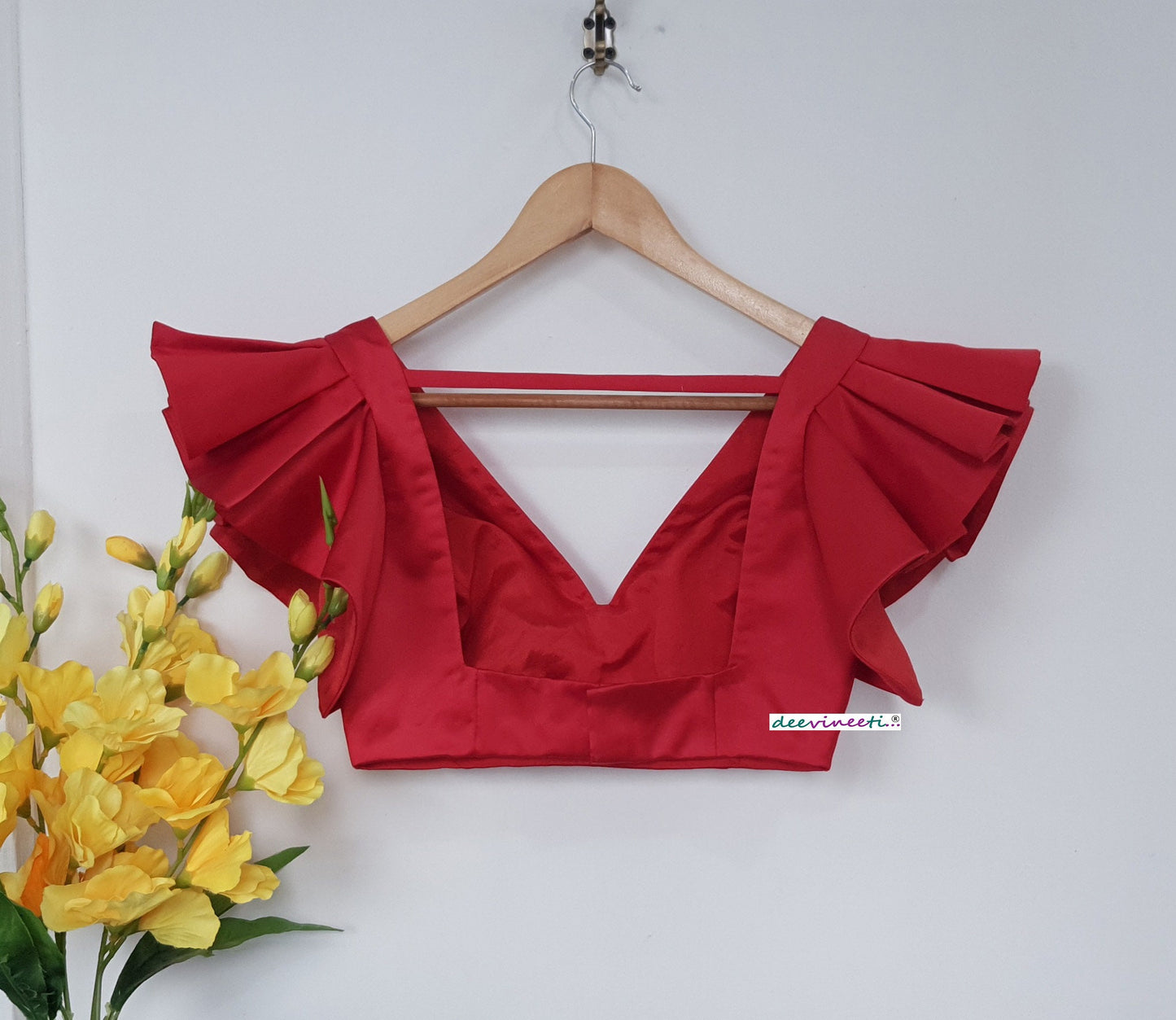 Red Satin Deep V Neck Ruffled Sleeves Blouse DVBL_265
