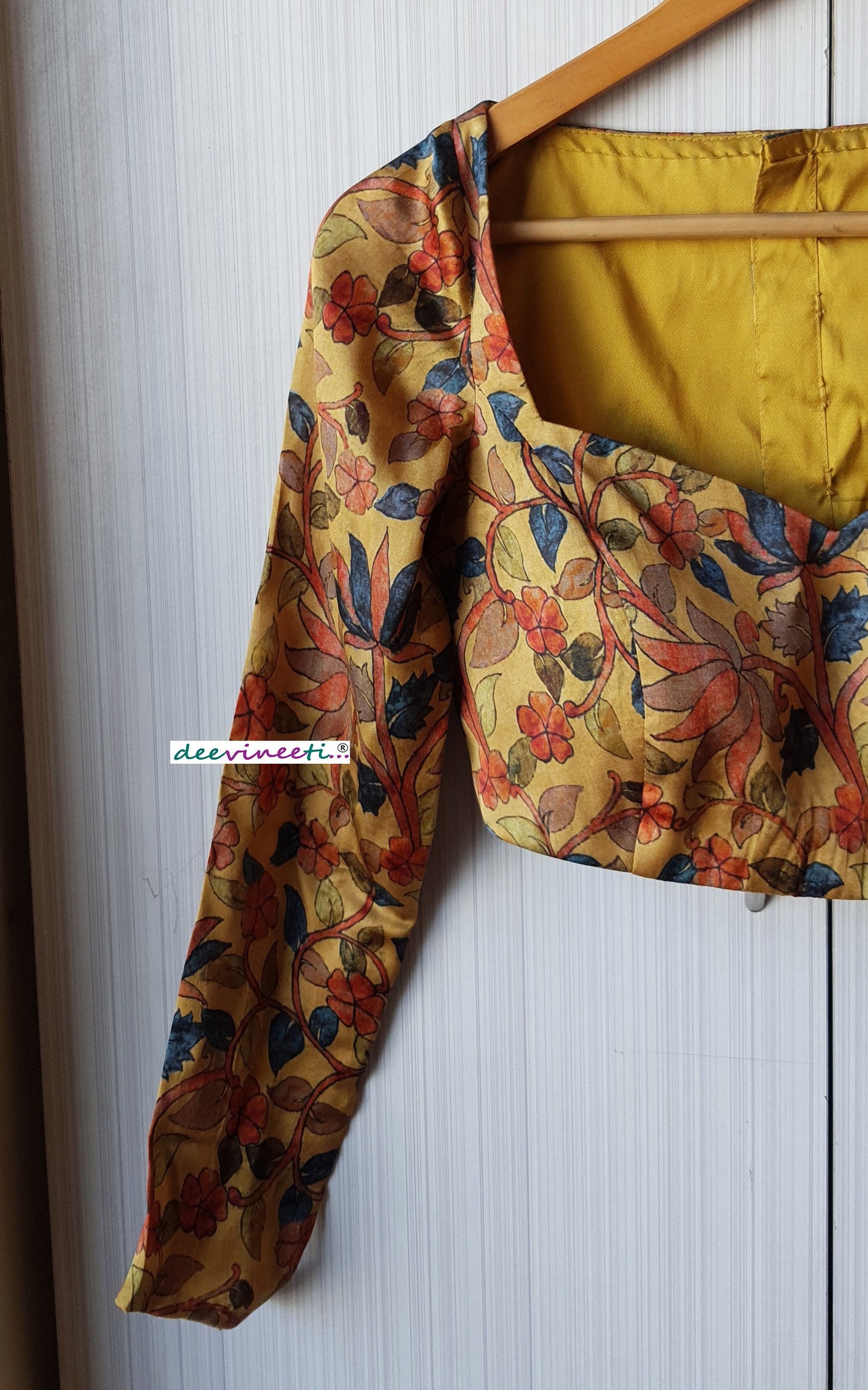 Medallion Yellow Printed Satin Silk Long Sleeves Blouse DVBL_226