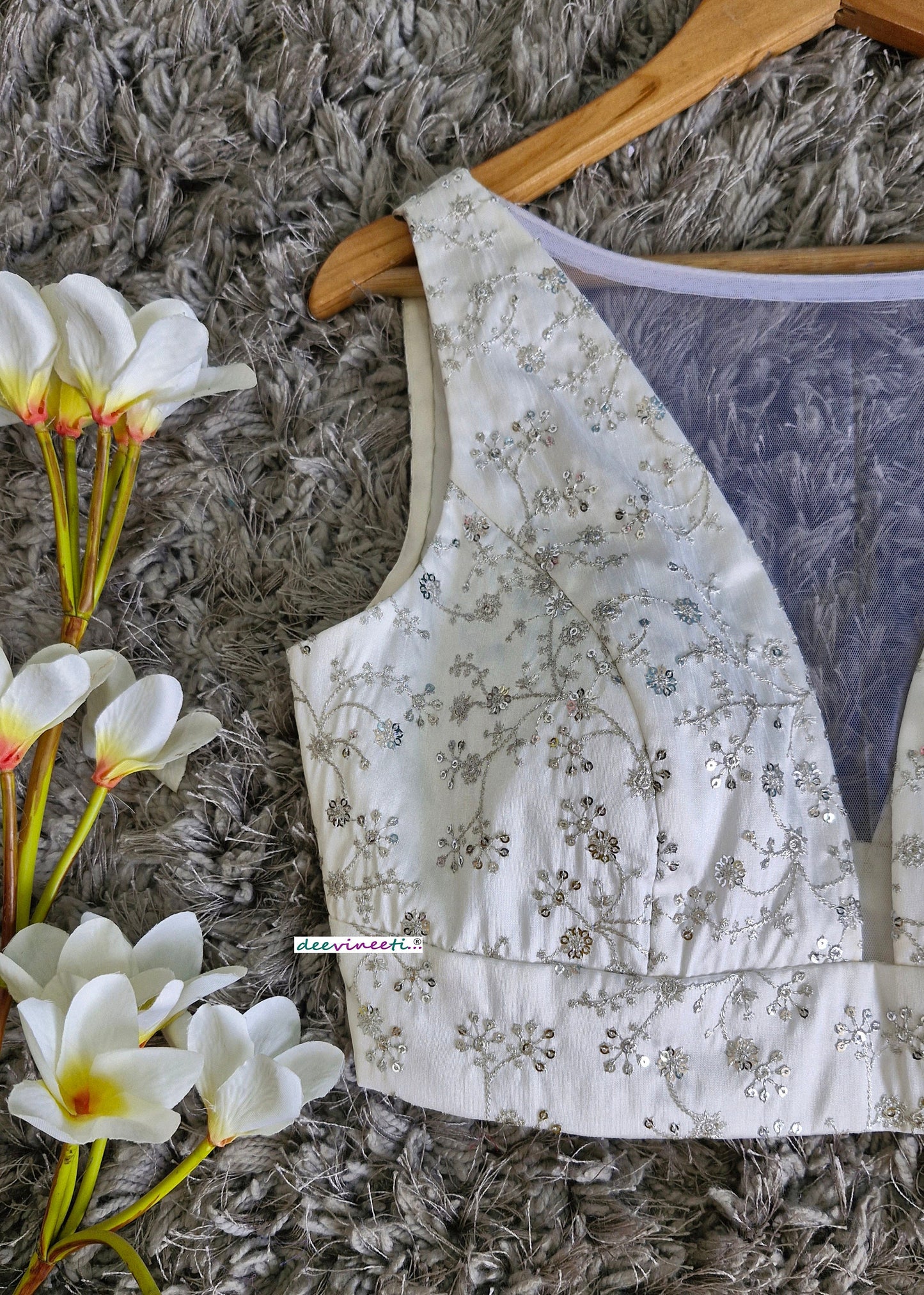 White Embroidered Silk Boat Neck Blouse DVBL_344