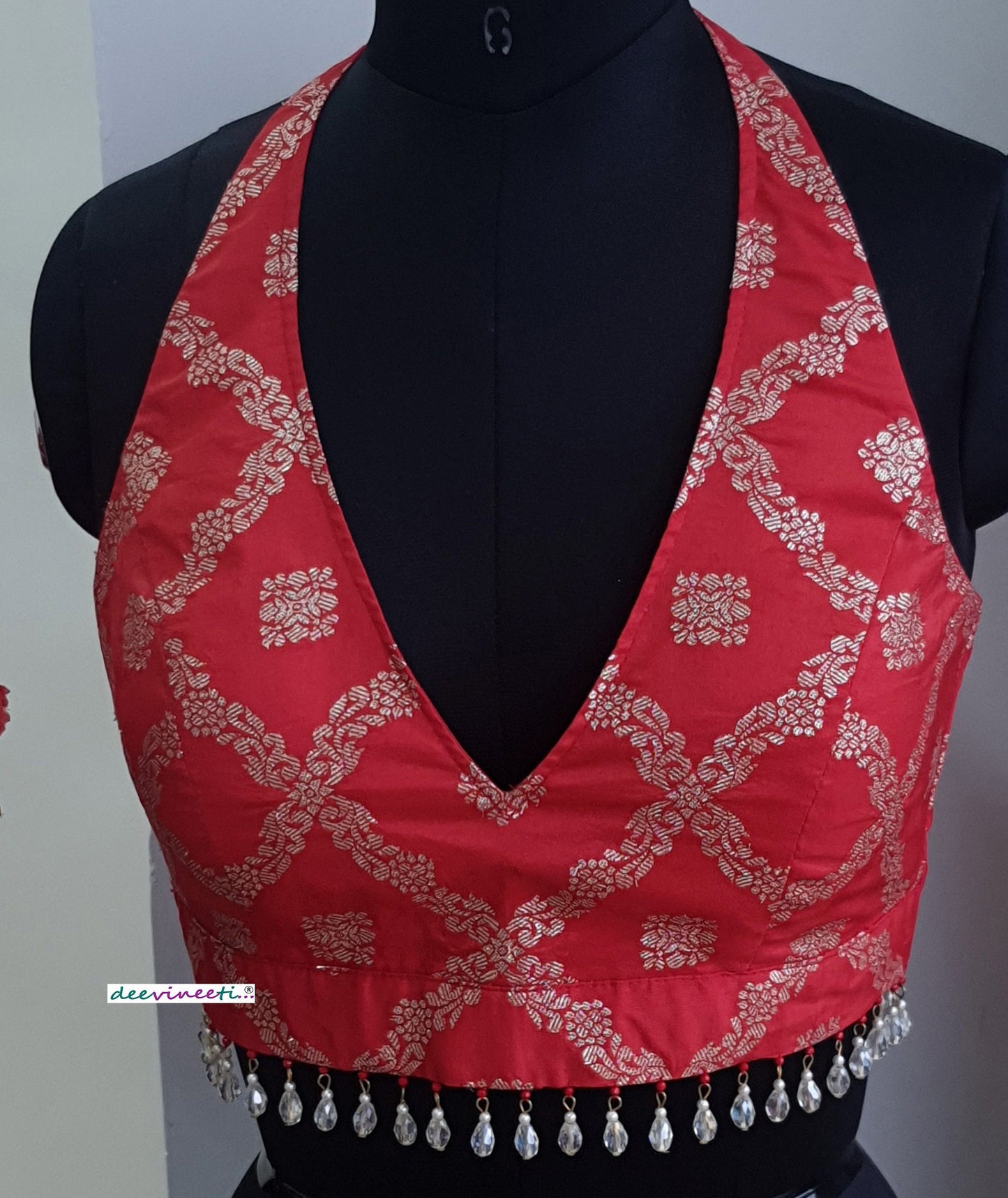 Red Brocade Halter Neck Blouse DVBL_264