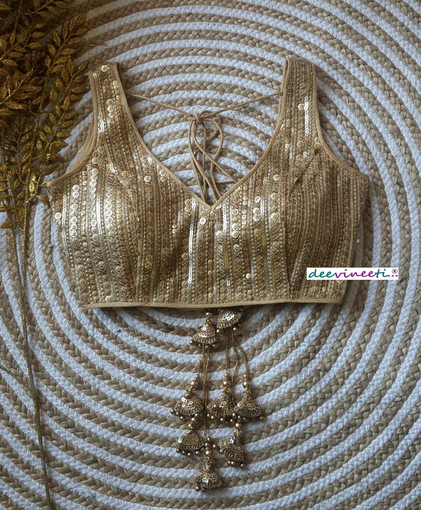 Gold Sequins Embroidered Deep V Neck Blouse DVBL_126