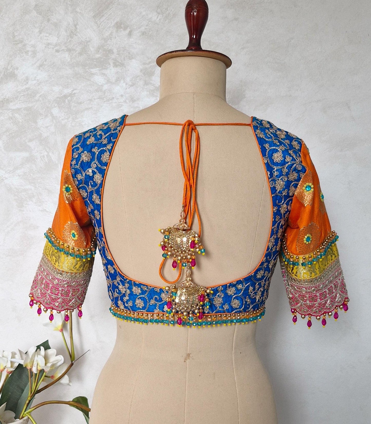 Blue and Orange Embroidered Silk Blouse DVBL_456