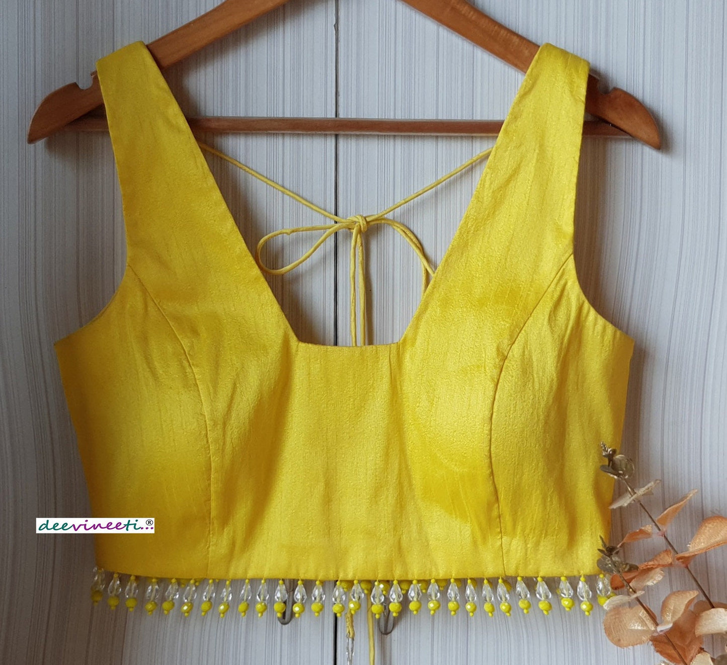 Designer Yellow Raw Silk Trapeze Neck Blouse with Beads Fringes DVBL_207