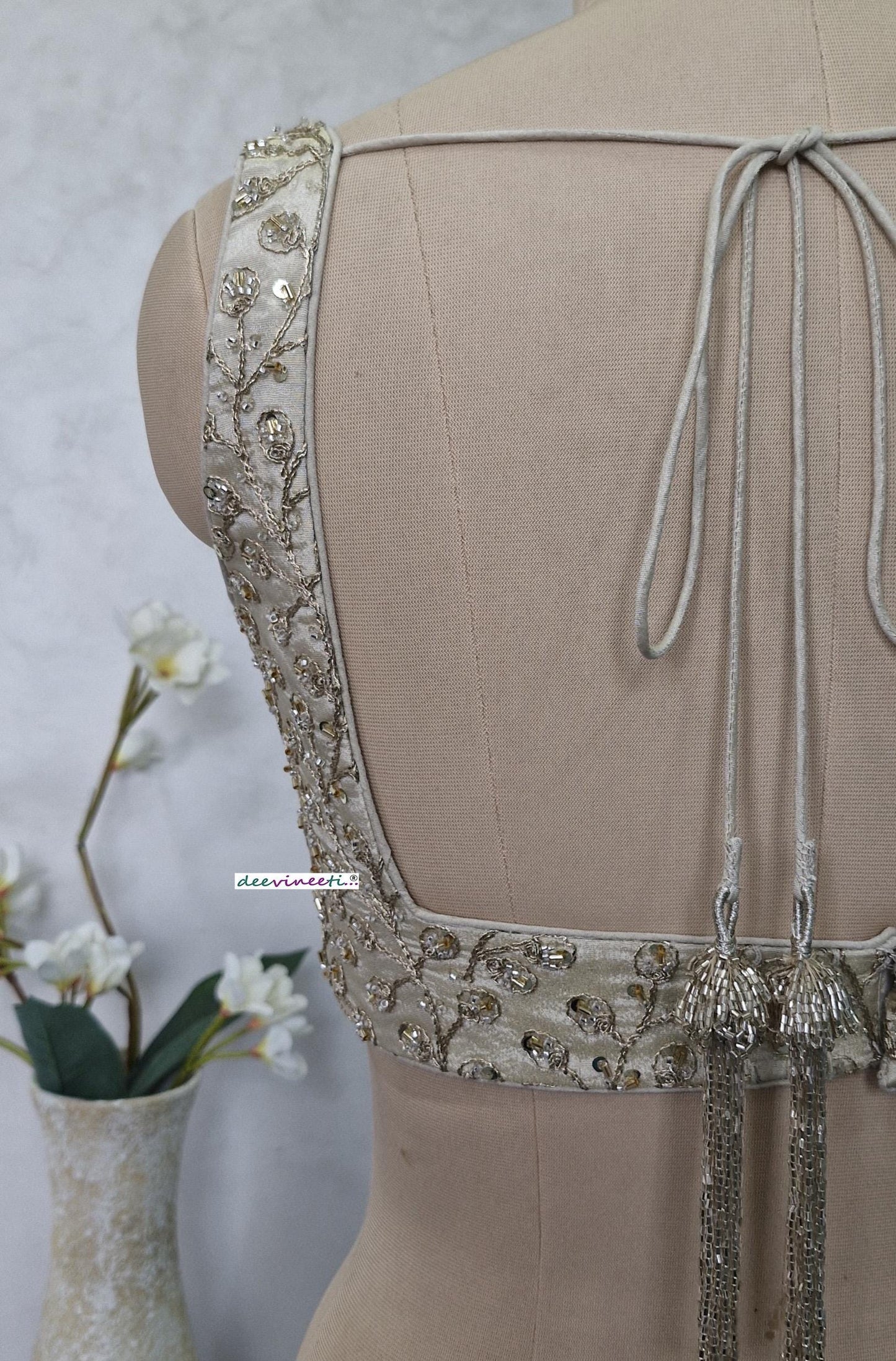 Cream Embroidered Tissue Silk Sweetheart Neck Blouse DVBL_404