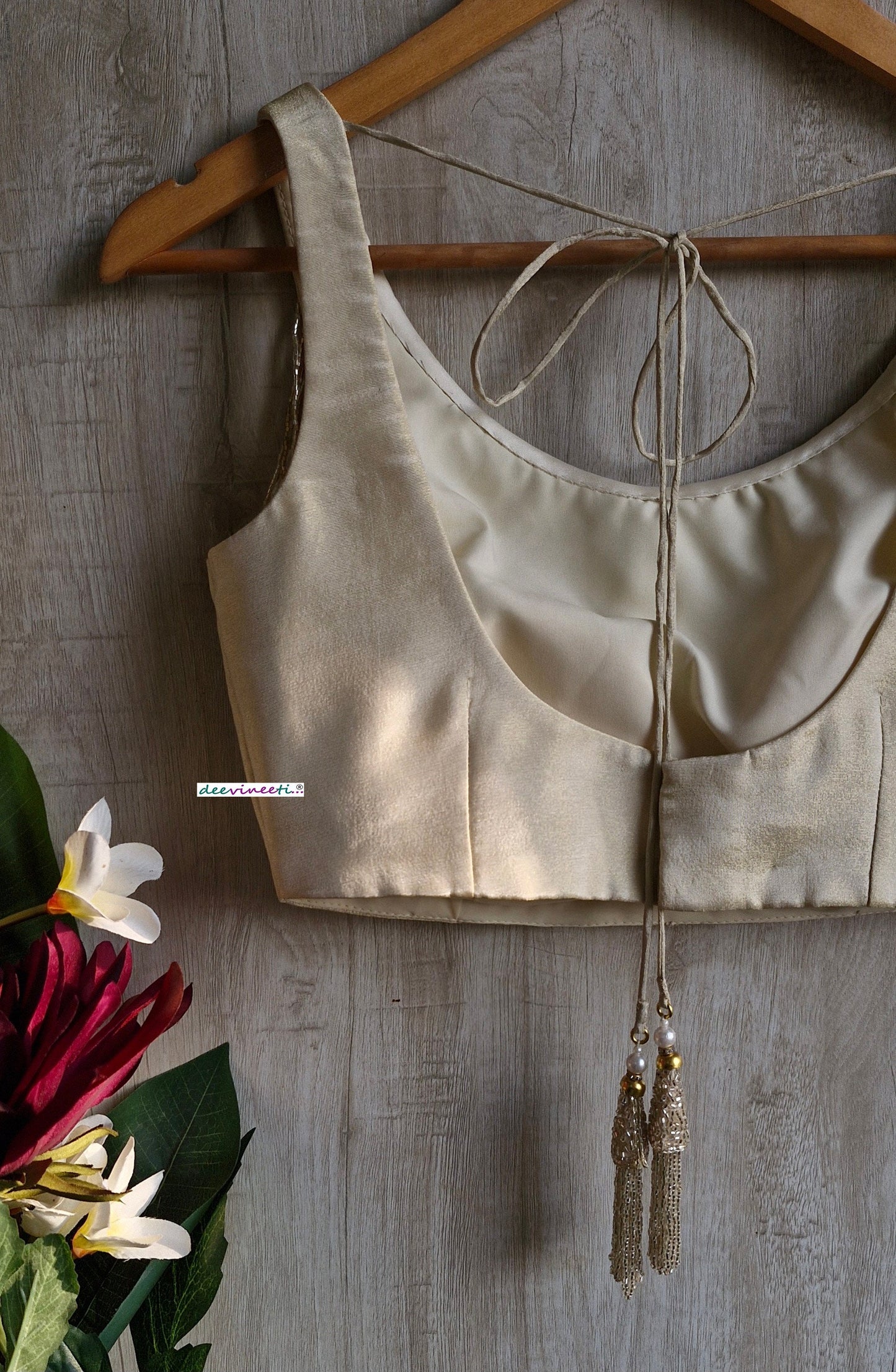 Light Gold Tissue Silk Round Neck with Fringes Blouse DVBL_353.