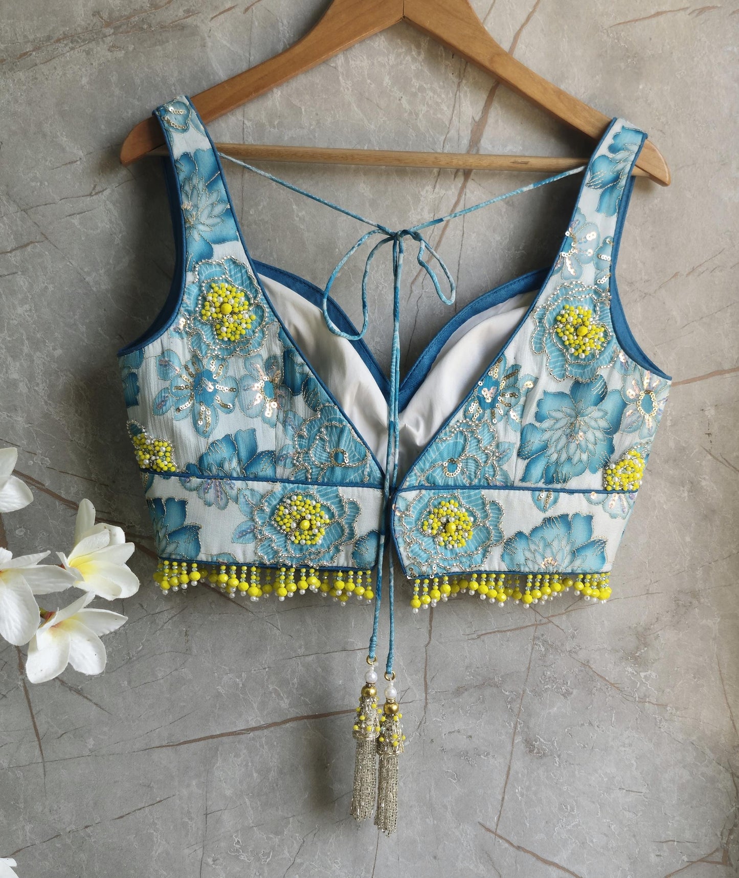 Beads Embroidered Blue Deep Sweetheart Neck Blouse DVBL_415