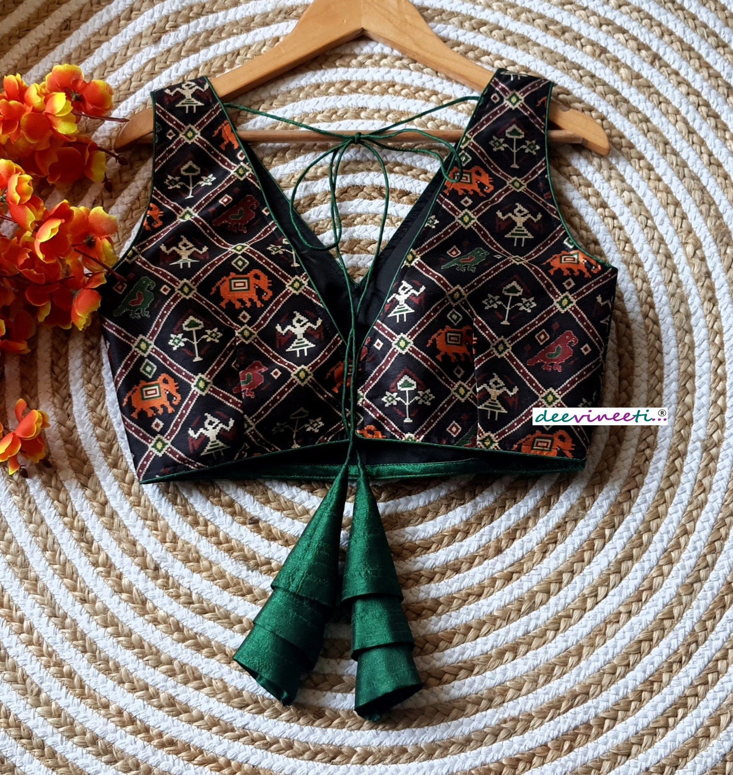 Black Printed Tussar Silk Sleeveless V Neck Blouse. DVBL_095