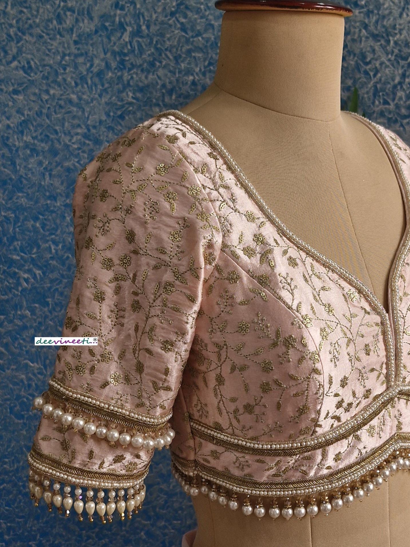Peachish Pink Embroidered Sweetheart Neck Blouse DVBL_381
