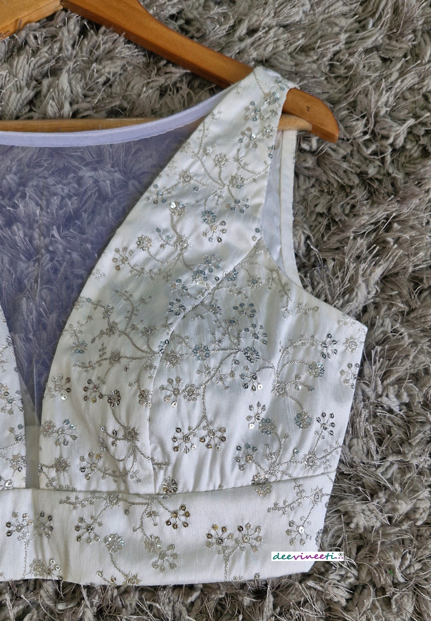 White Embroidered Silk Boat Neck Blouse DVBL_344
