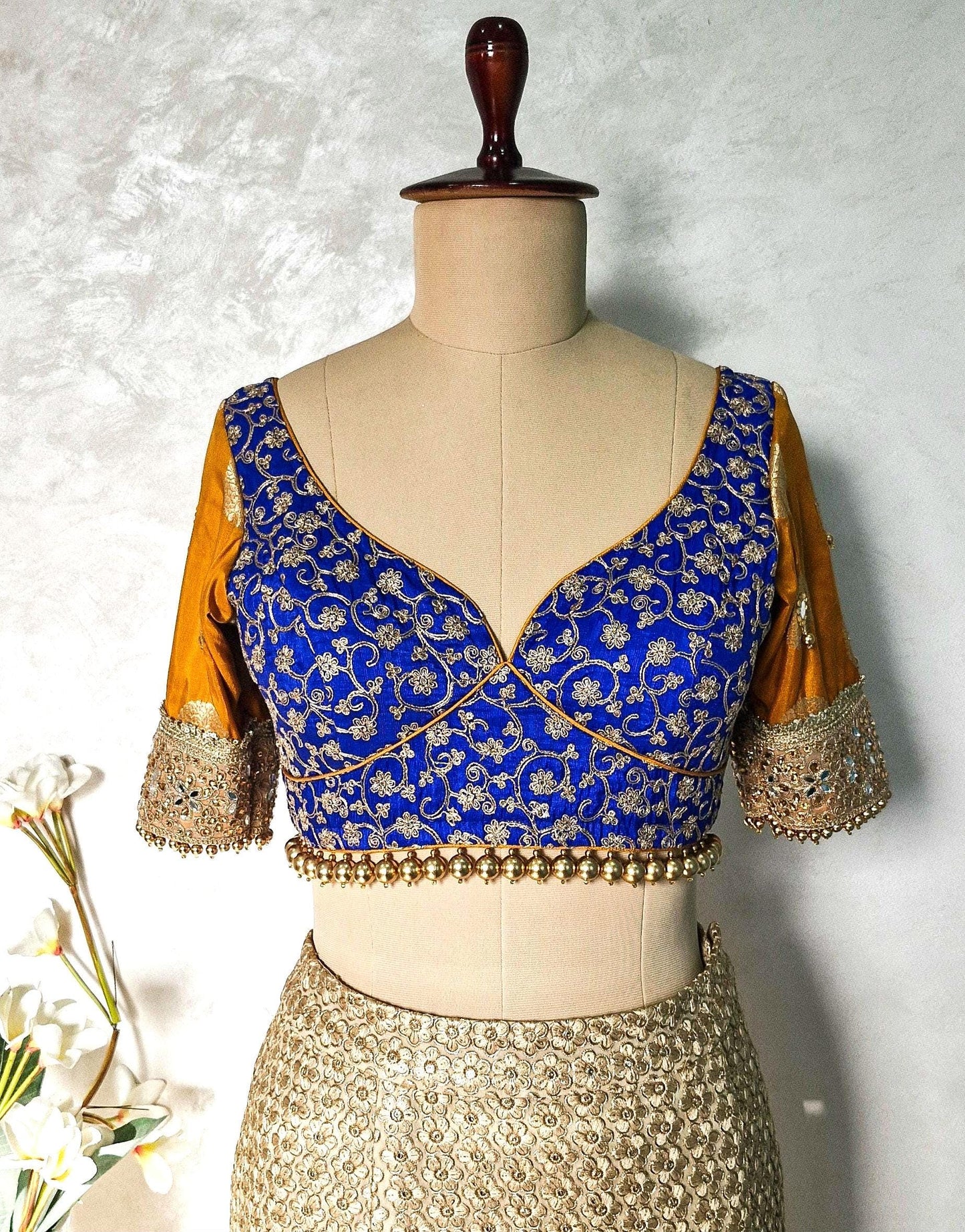 Embroidered Royal Blue and Mustard Blouse Sweetheart Neck DVBL_447