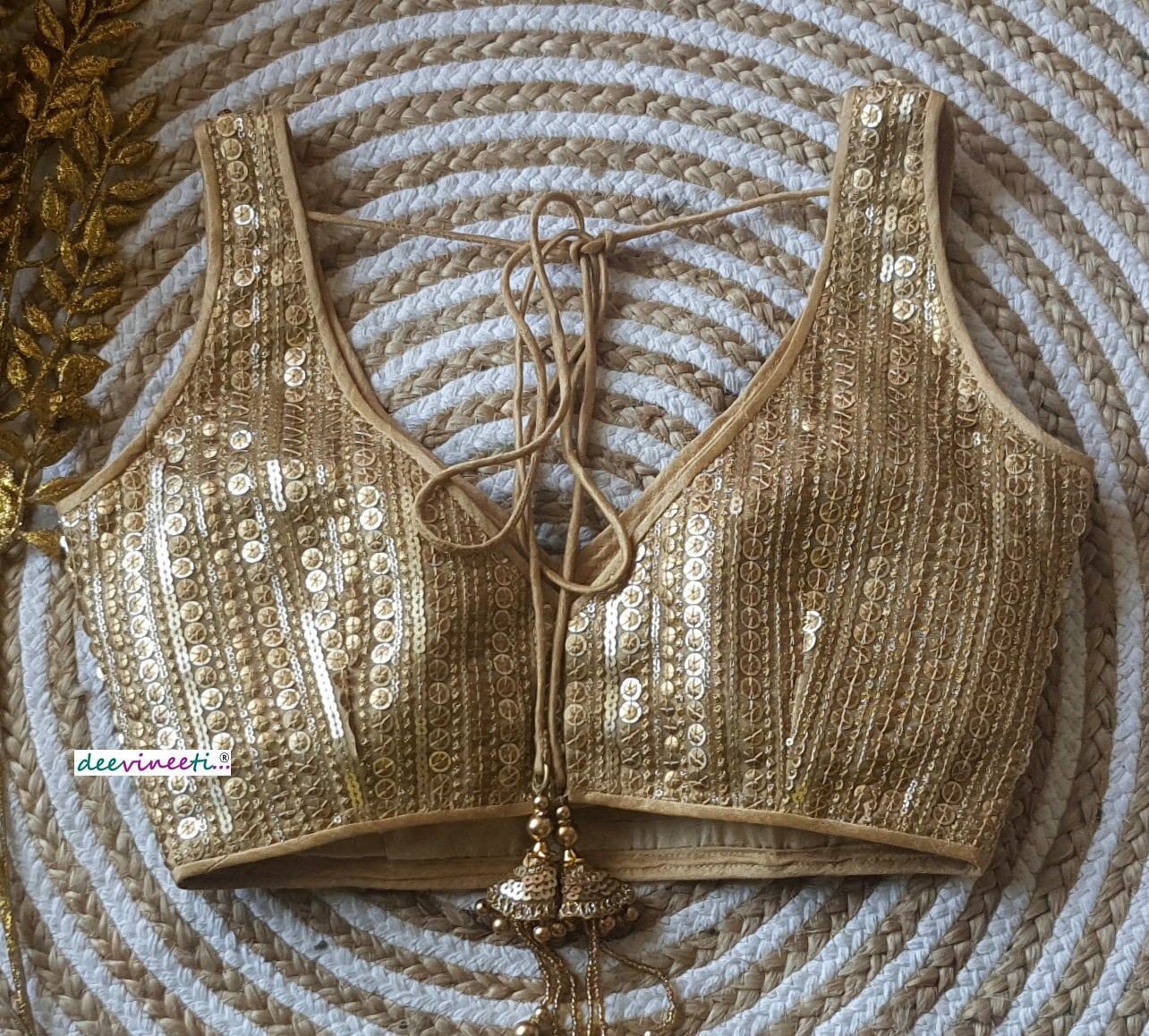 Gold Sequins Embroidered Deep V Neck Blouse DVBL_126