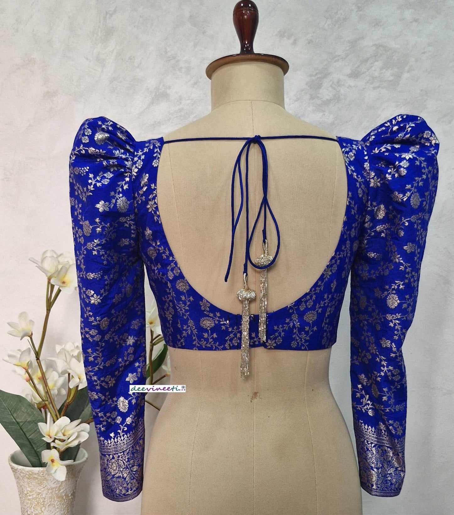 Royal Blue Banarasi Brocade Blouse Full Length Puff Sleeves V Neck DVBL_397