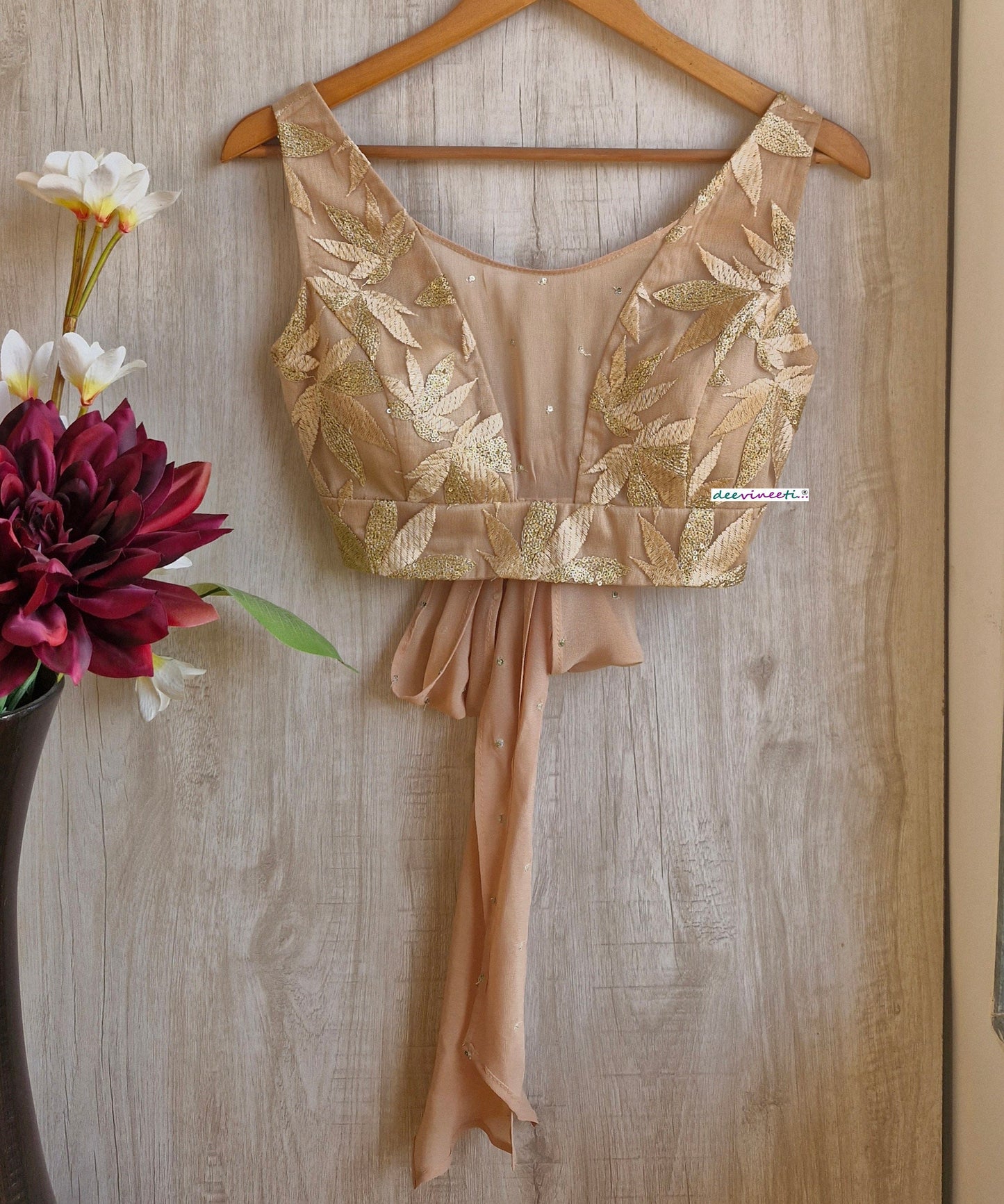 Embroidered Beige Boat Neck Tie Blouse DVBL_346.