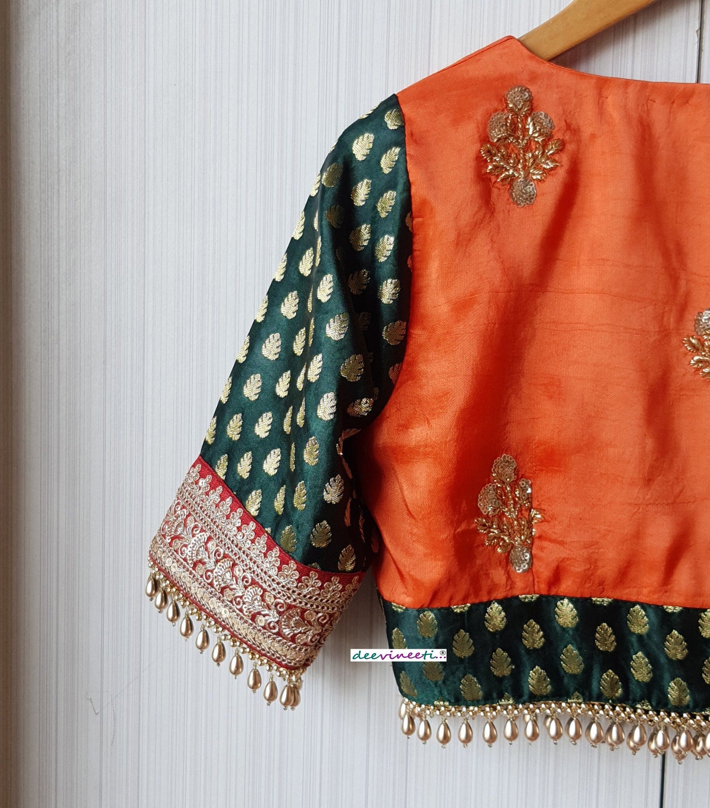 Orange and Green Silk Embroidered Deep V Neck Blouse DVBL_218