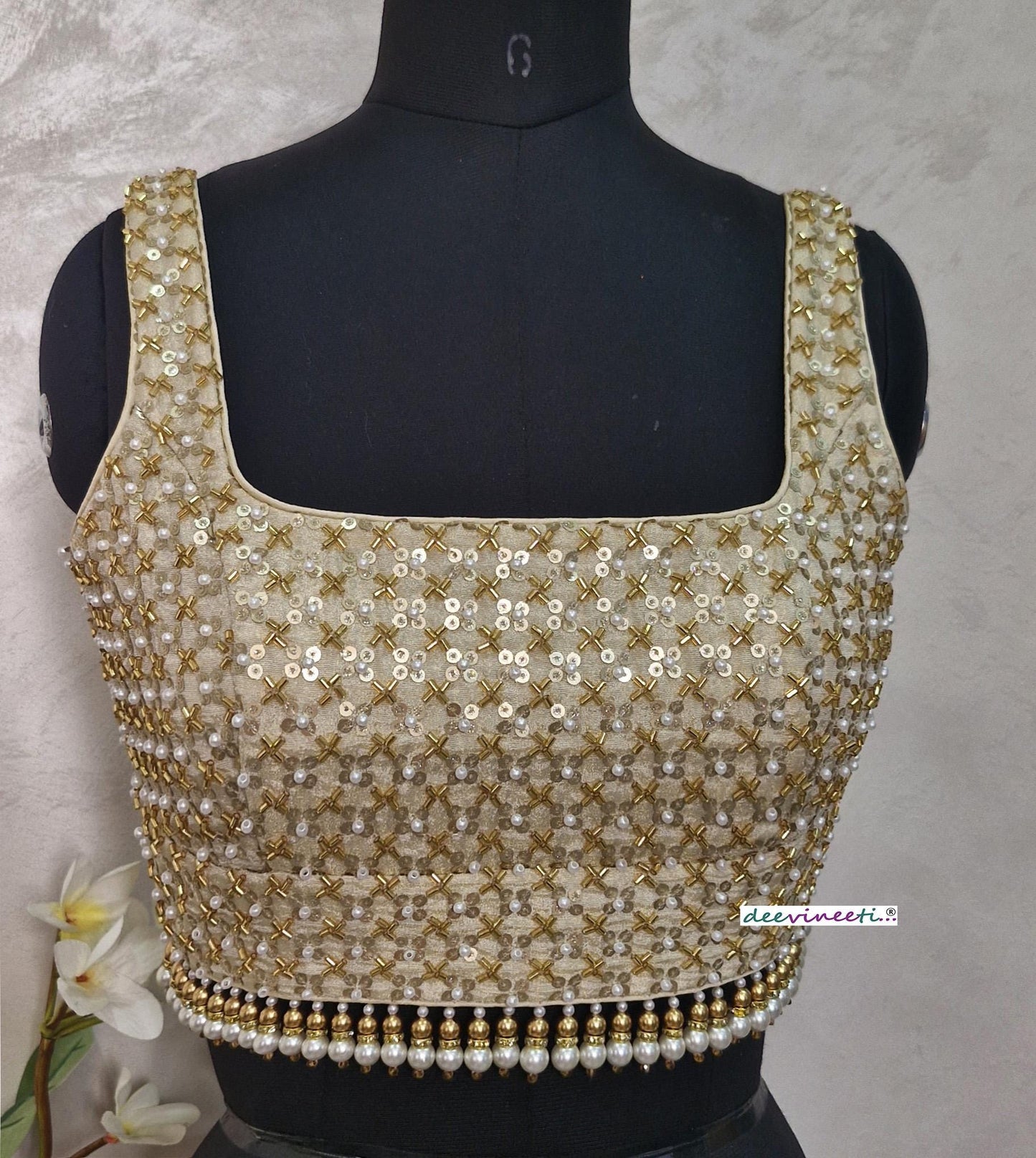 Gold Embroidered Tissue Silk Blouse Square Neck DVBL_399