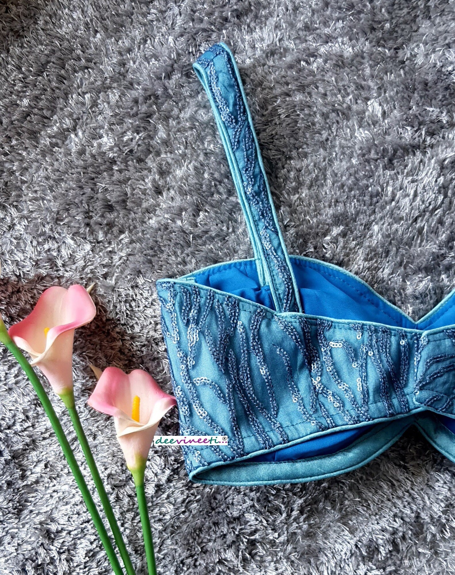 Blue Embroidered Sweetheart Neck Spaghetti Blouse DVBL_285