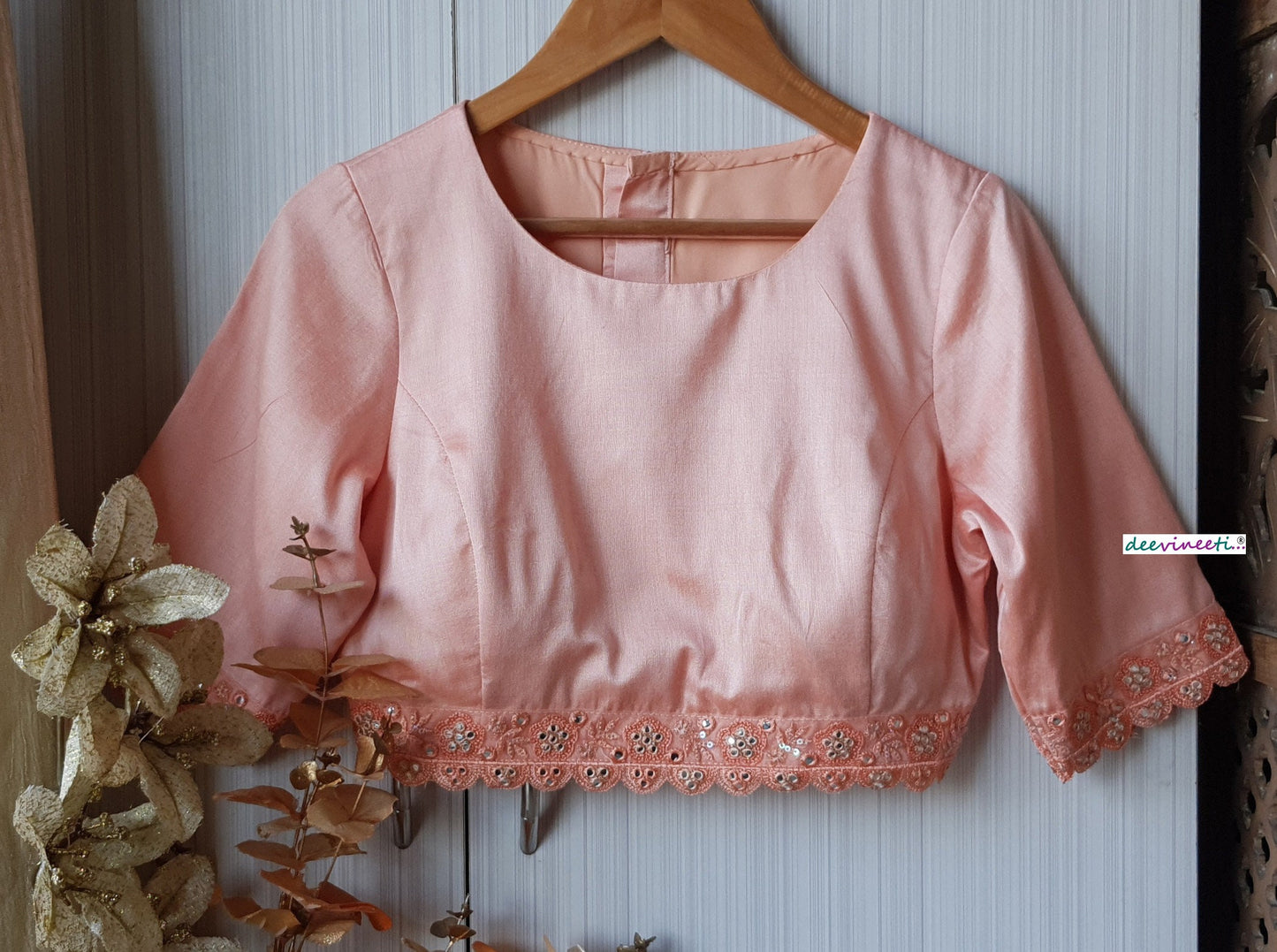 Peach Cotton Silk Jewel Neck Blouse DVBL_174