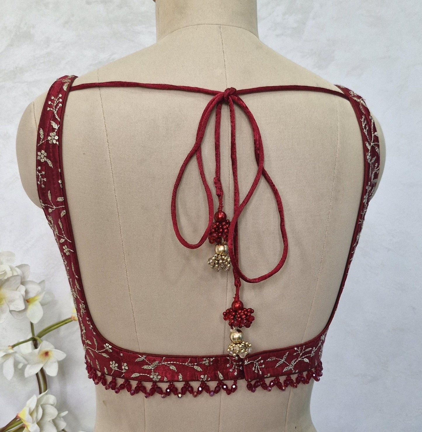 Maroon Embroidered Silk Scoop Neck Blouse DVBL_412
