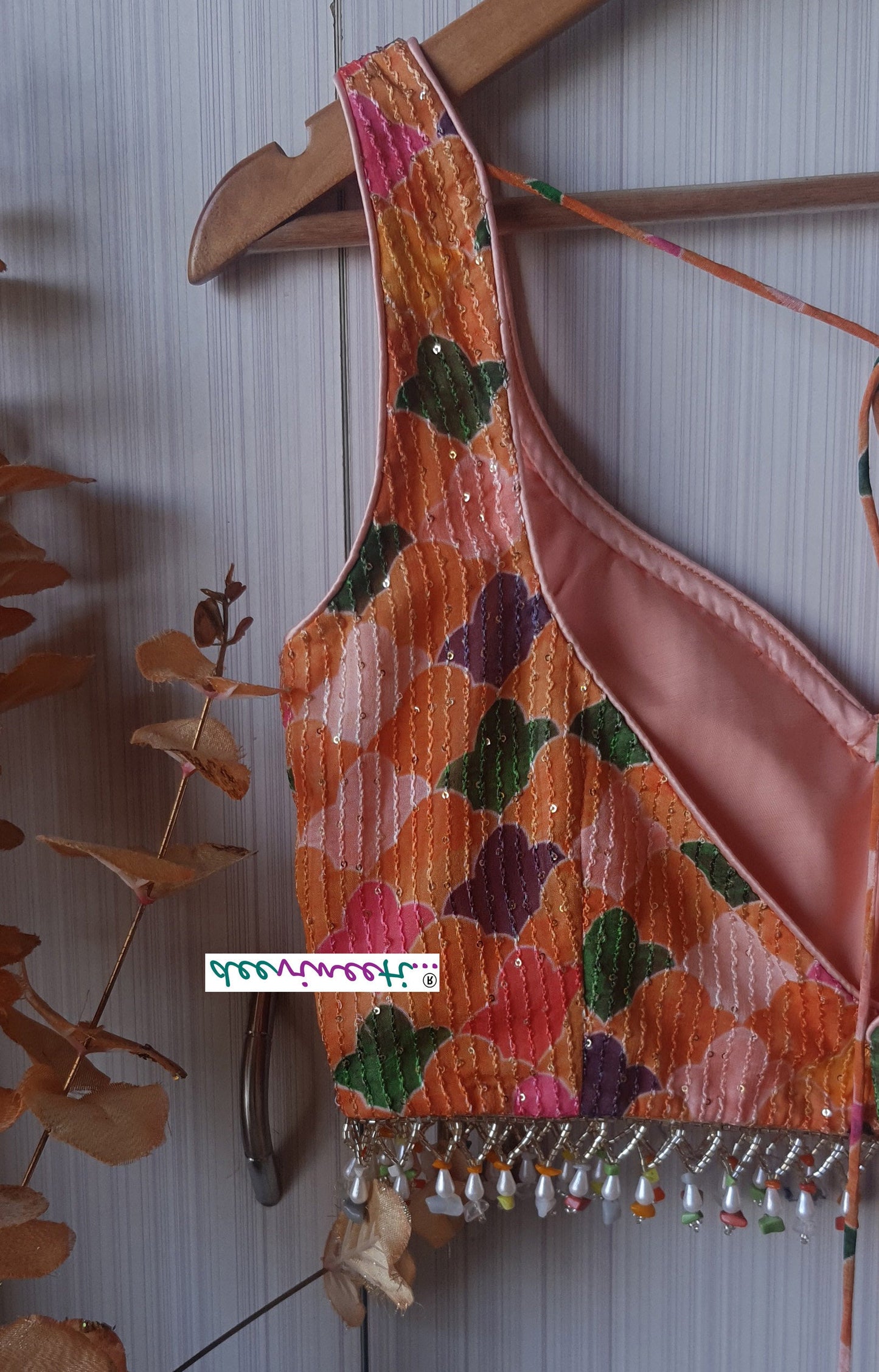 Printed Sequins Embroidered Sweetheart Neck Blouse DVBL_138