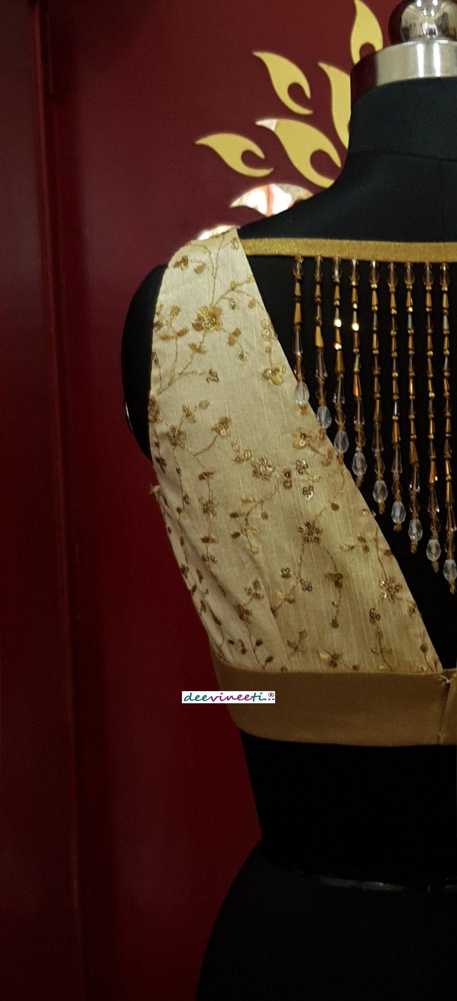 Cream Gold Embroidered Deep V Neck Blouse DVBL_253