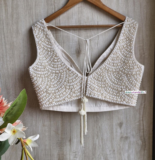 Beads and Sequins Hand Embroidered Ivory V Neck DVBL_385