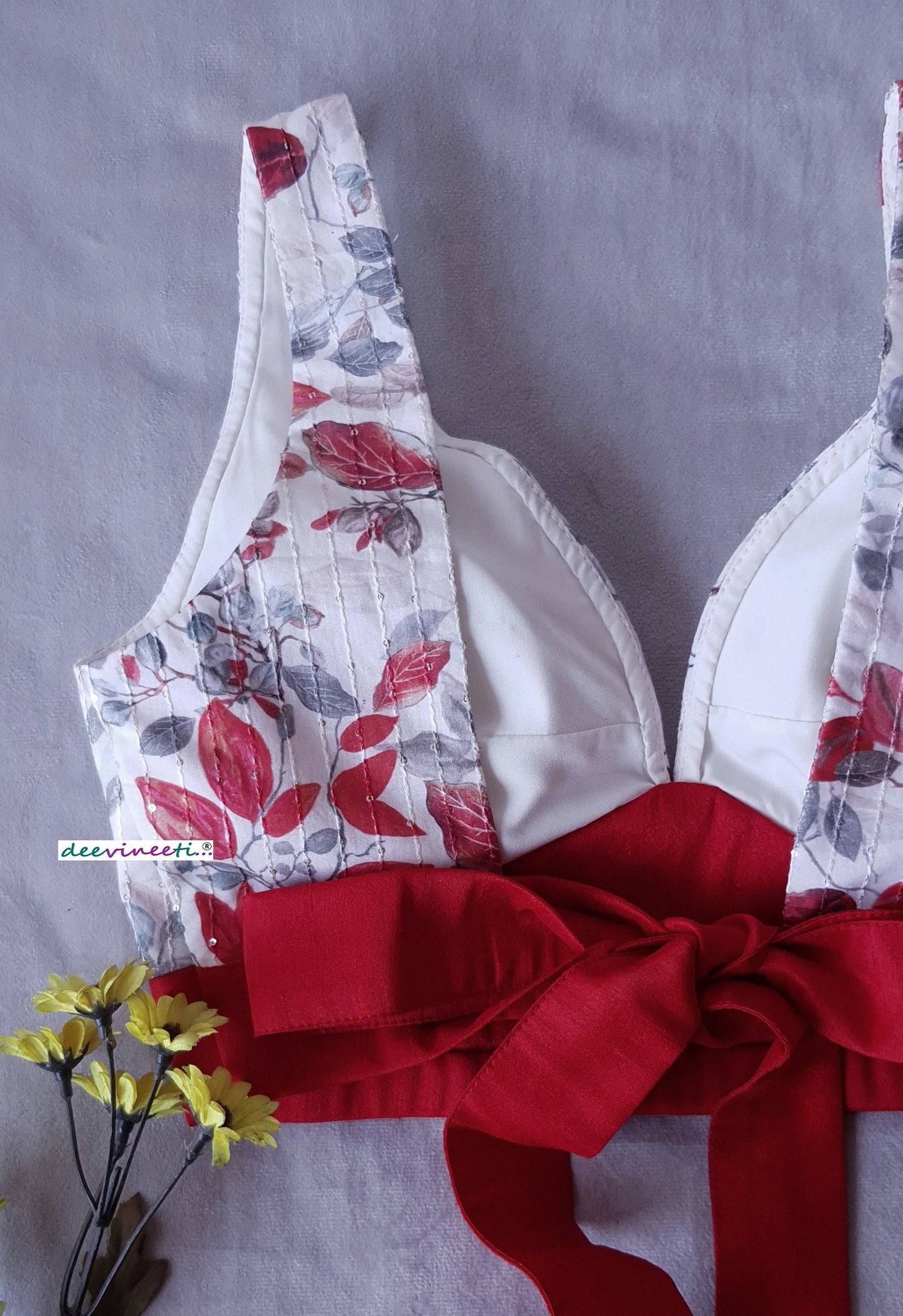 Floral Print Off White and Red Tie Blouse DVBL_180