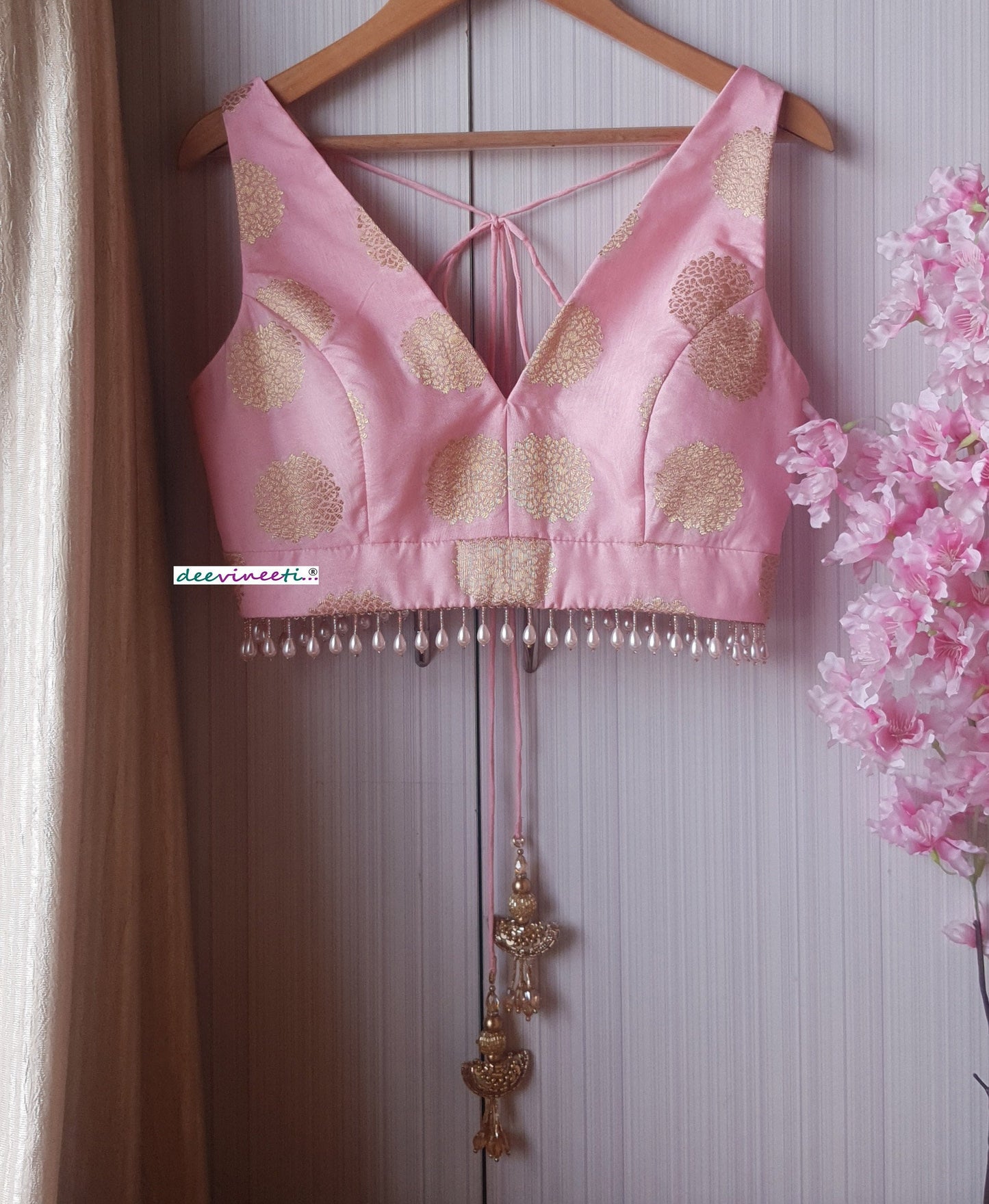 Pink Brocade Silk Blouse V Neck DVBL_192