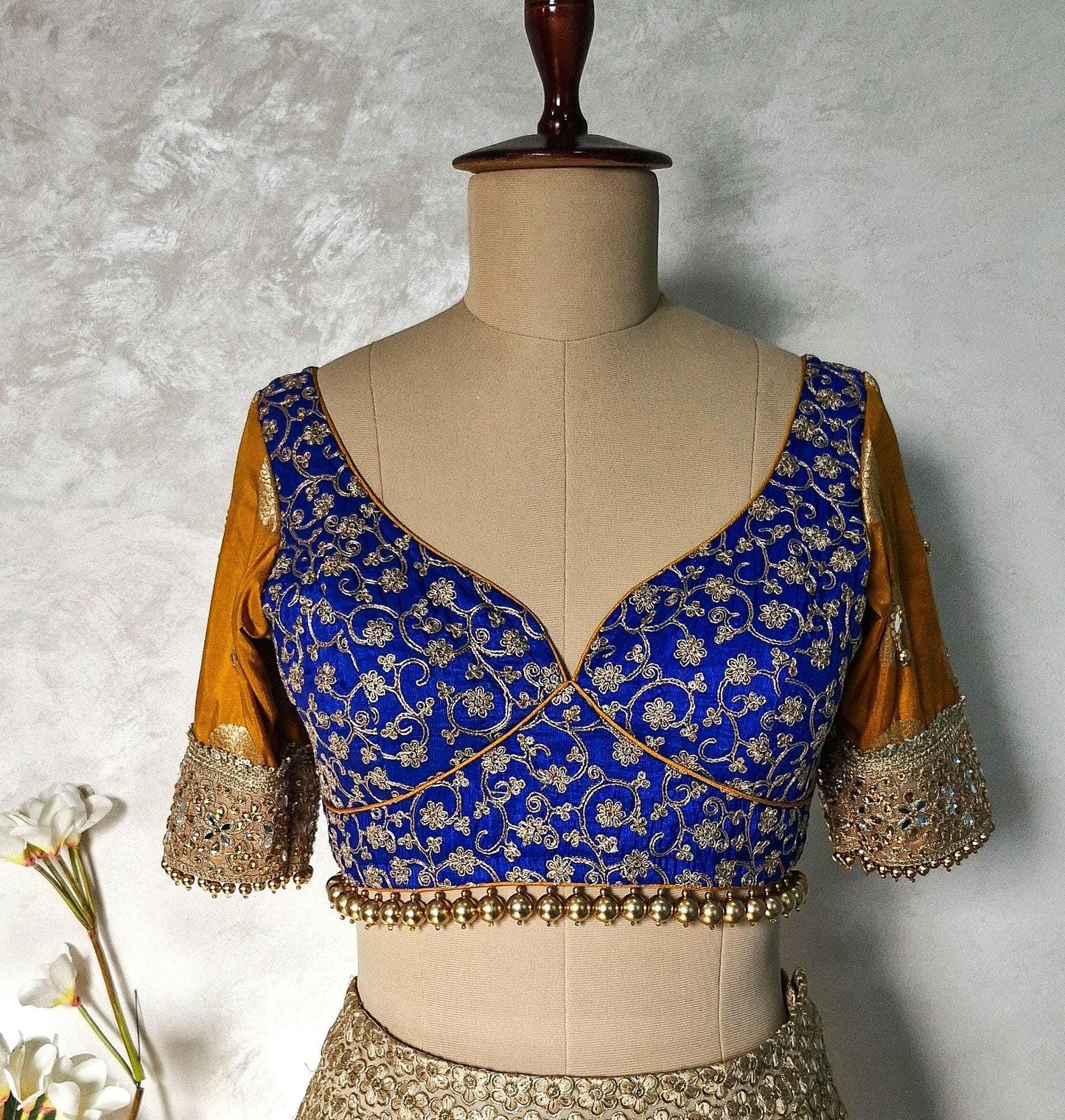 Embroidered Royal Blue and Mustard Blouse Sweetheart Neck DVBL_447