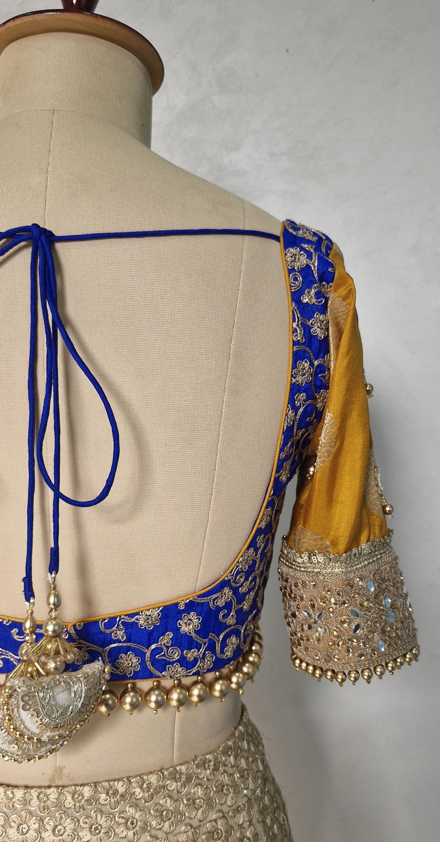 Embroidered Royal Blue and Mustard Blouse Sweetheart Neck DVBL_447