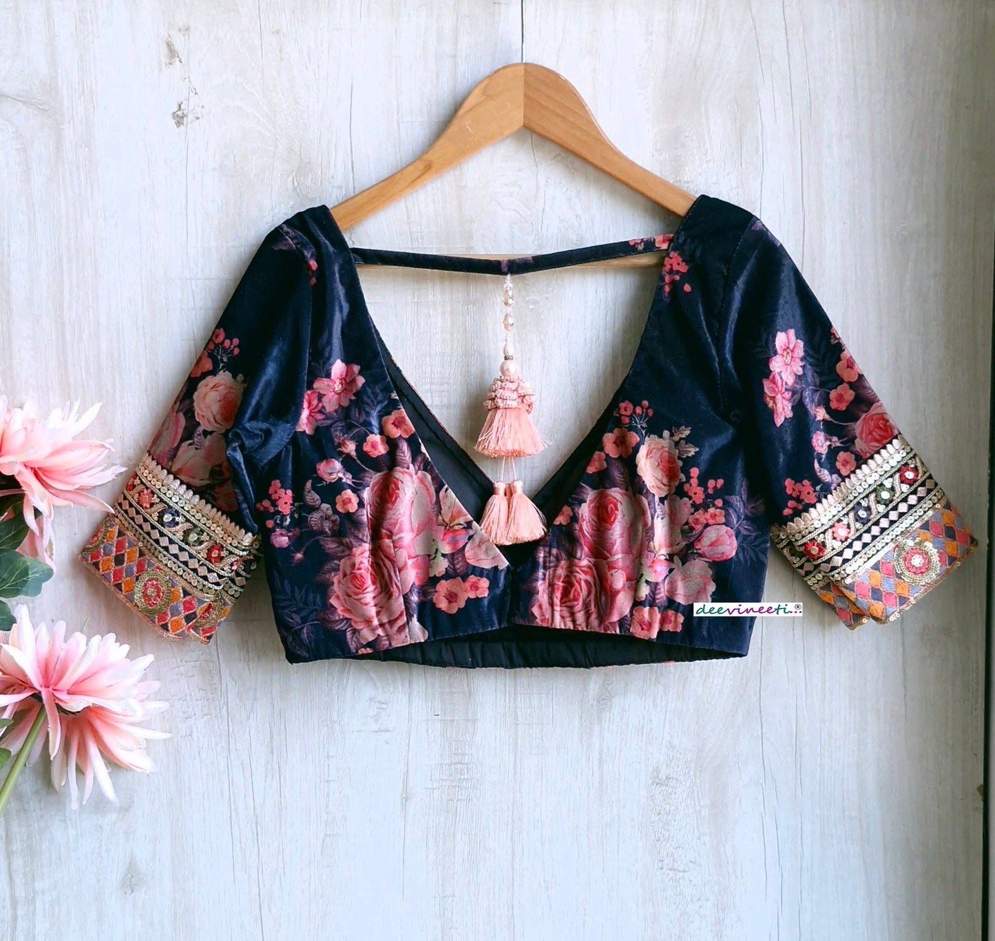 Deep Blue Floral Print Velvet V Neck Blouse DVBL_348.