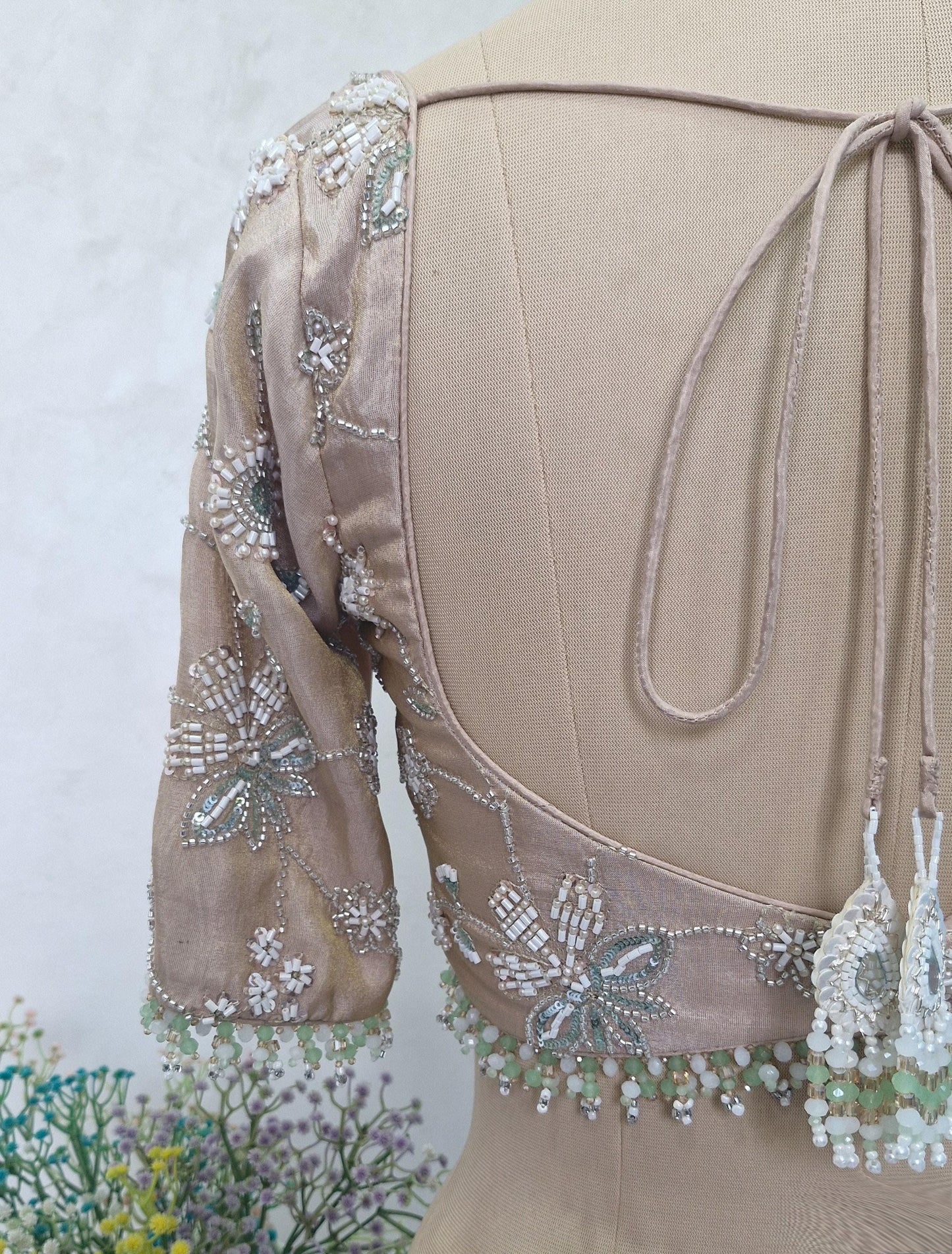 Beads Embroidered Tissue Silk Rose Gold Blouse DVBL_409