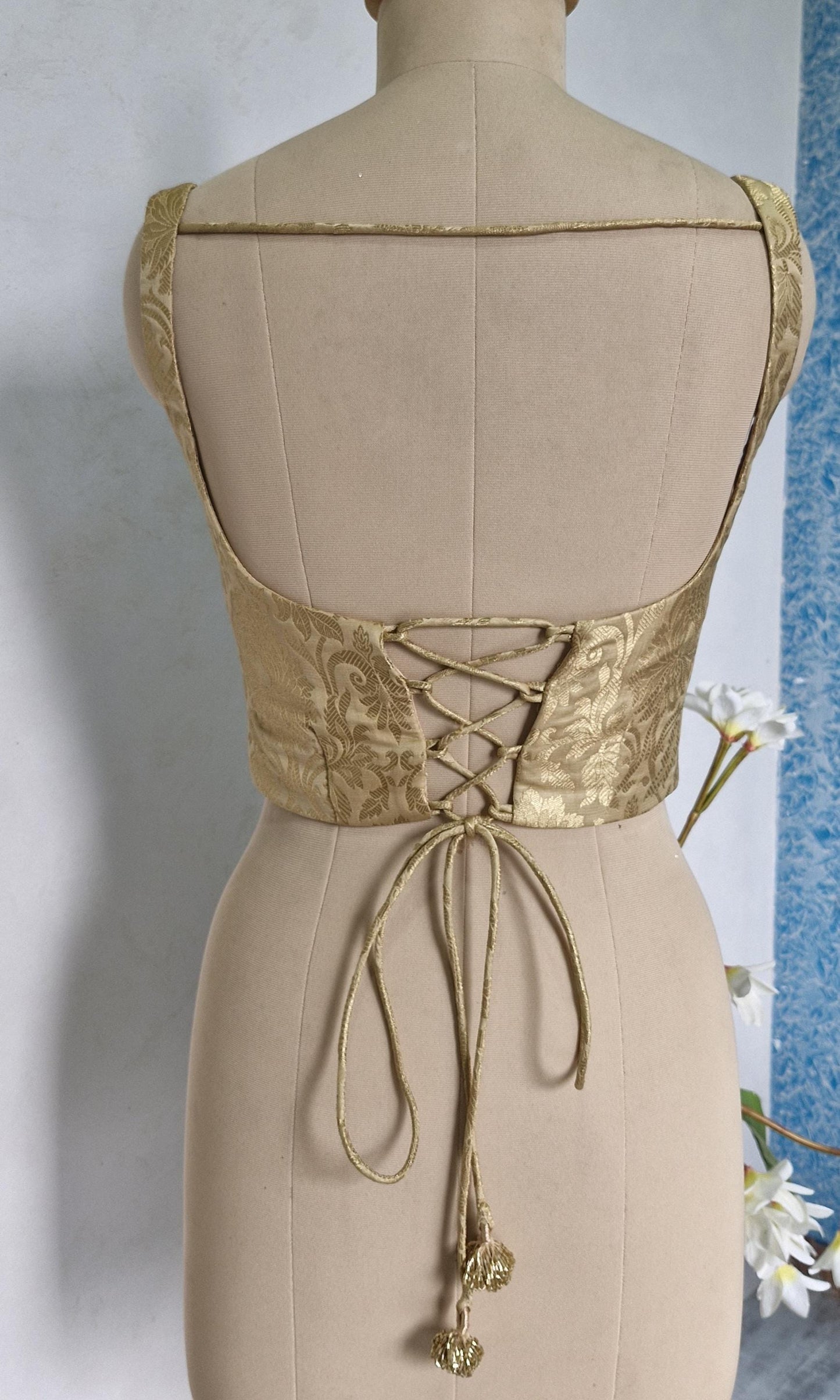 Beige Gold Brocade Silk Corset Blouse DVCB_001