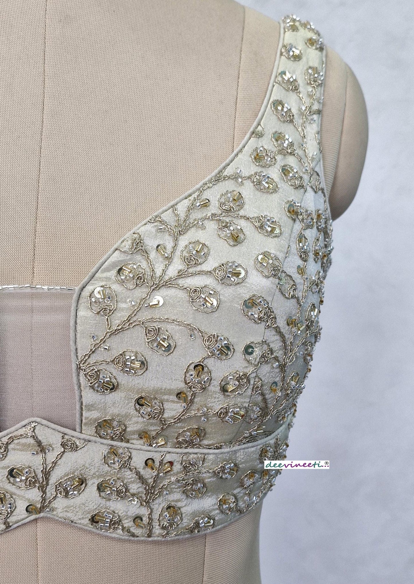 Cream Embroidered Tissue Silk Sweetheart Neck Blouse DVBL_404